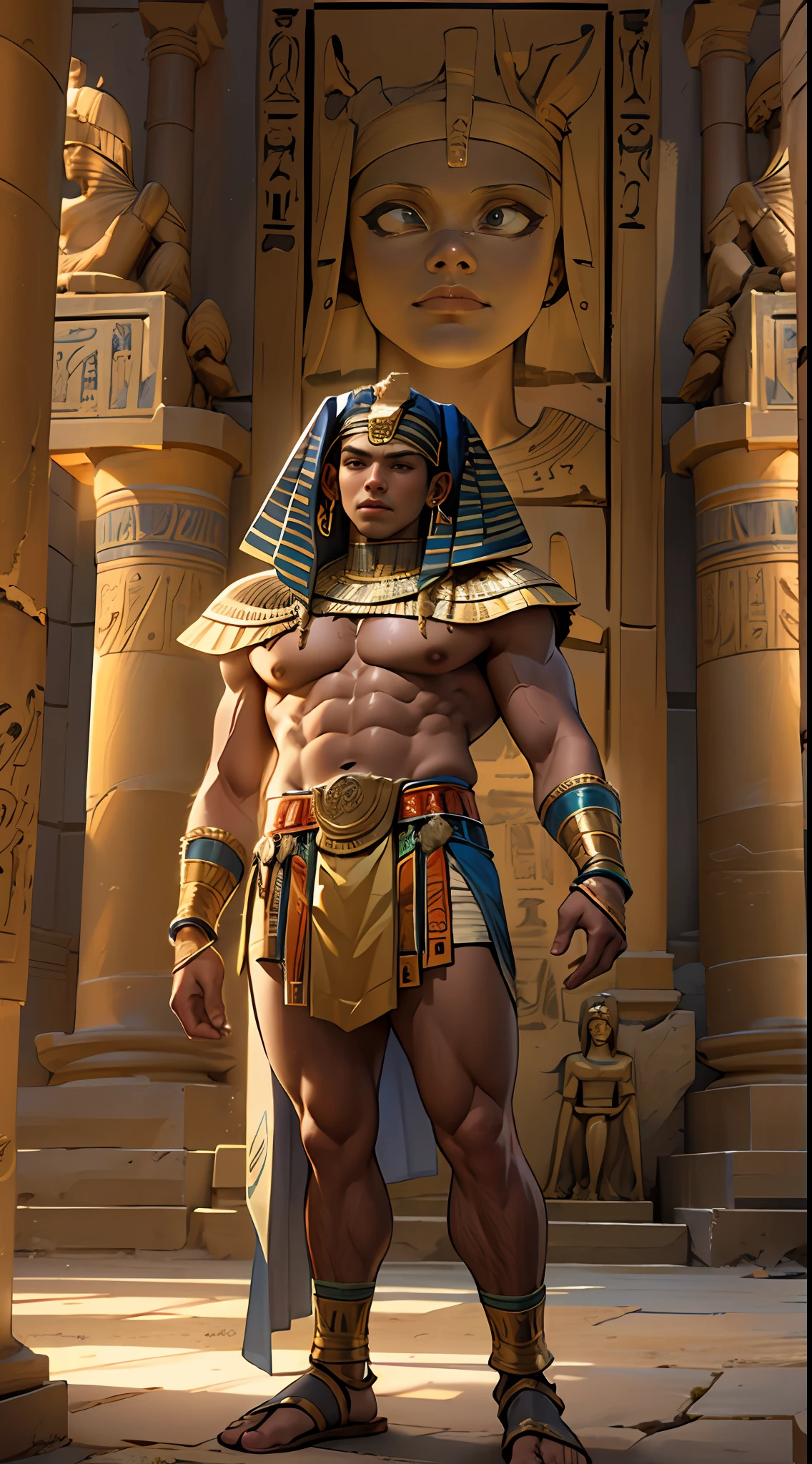 Powerful warrior, chest bared, lower body uncovered from thighs to feet, luxuriant long curls, meticulous muscle definition, photorealistic rendering, 4K resolution. Background: Ancient Egyptian temple complex,32k uhd, best quality, masterpiece, super detail, high details