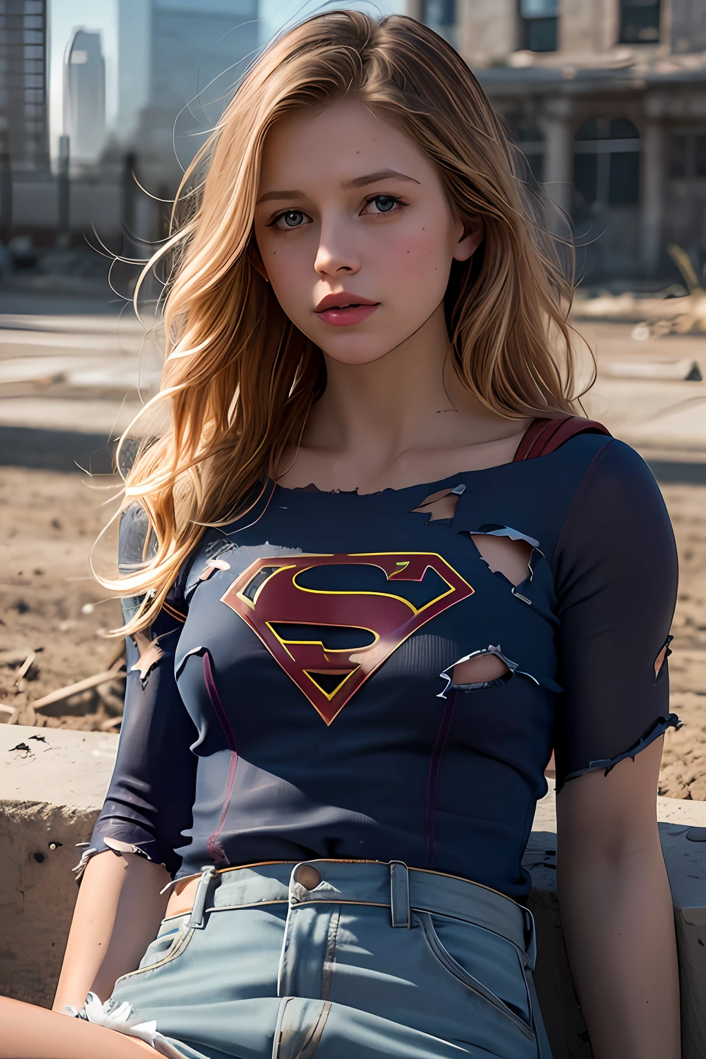 Melissa Benoist, 8k, best quality, real image, intricate details, ultra-detailed, ultra highres, depth field, (photorealistic, realistic: 1.2), masterpiece, photo of 1girl, supergirl, wounded, superhero, lying, back, realistic, torn overalls, (dirty, bruised,blood: 1.3), blue eyes, blonde hair, lips, long hair, solo, (revealing torn clothes, torn clothes: 1.3), ruined city background, best quality, realistic,  photorealistic, (intricate details: 1.2), (delicate detailed), (cinematic light), clear line, sharp focus, realistic face, detailed and beautiful face