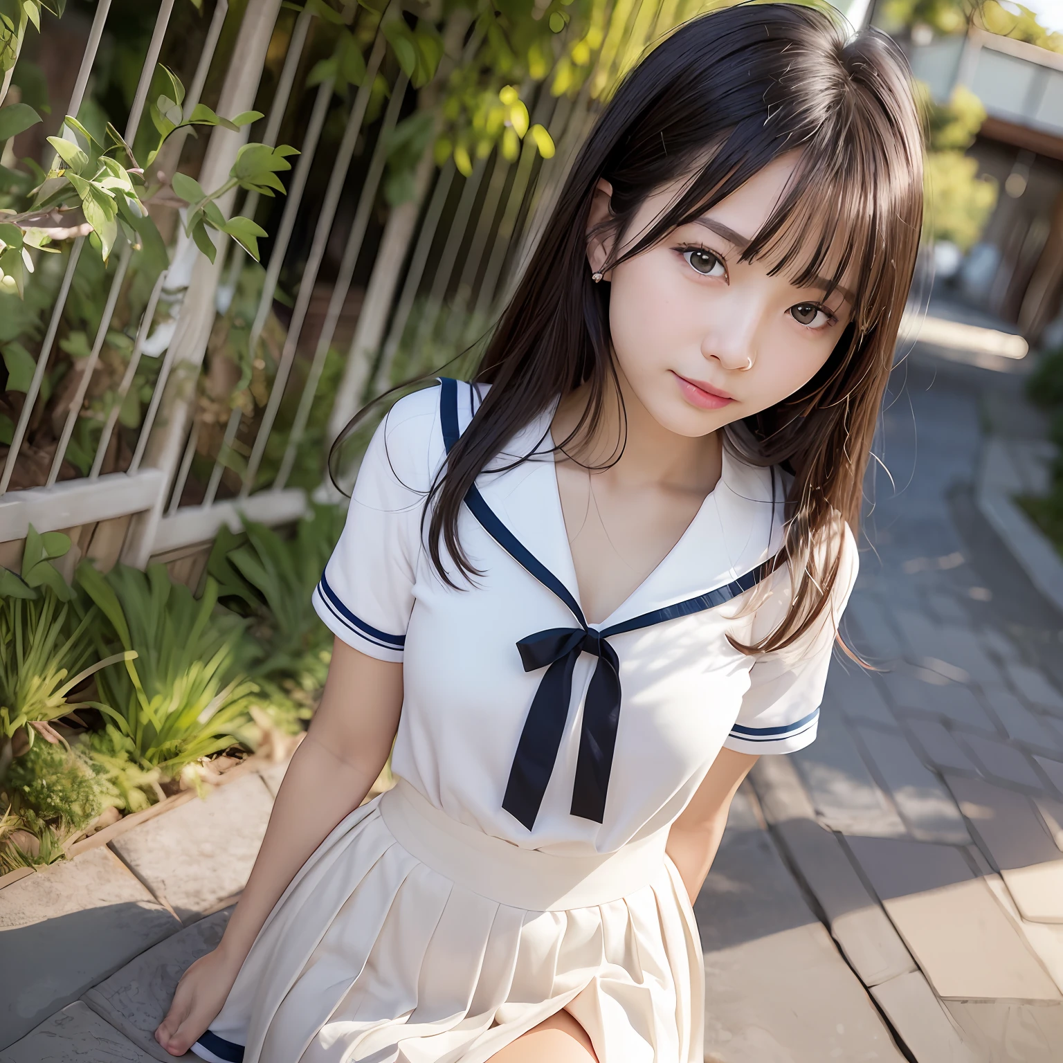 (the Extremely Detailed CG Unity 8K Wallpapers)、(masterpiece)、(top-quality)、(ultra-detailliert)、(The best illustrations)、(Best Shadows)、(Photorealsitic:1.5)、(pureerosface_v1:0.5)、Real Human Skin、lensflare、Shade、Back lighting、bloom、depth of fields、natural soft light、Hard Focus、film grains、、Watch your audience、
1 girl in、21years old、独奏、skiny、Thin skin、Soft lips、(light eyebrow:1.4)、shiny brown eyes、black very long straight hair、tiny chest、Beautiful detailed sky、Detailed West Garden(Large crowds:1.2)、rays of sunshine、(blush of the nose)、beatiful detailed eyes、White Japan school clothes、a sailor suit、Dark red pleated skirt、espadrilles、Strip off your clothes