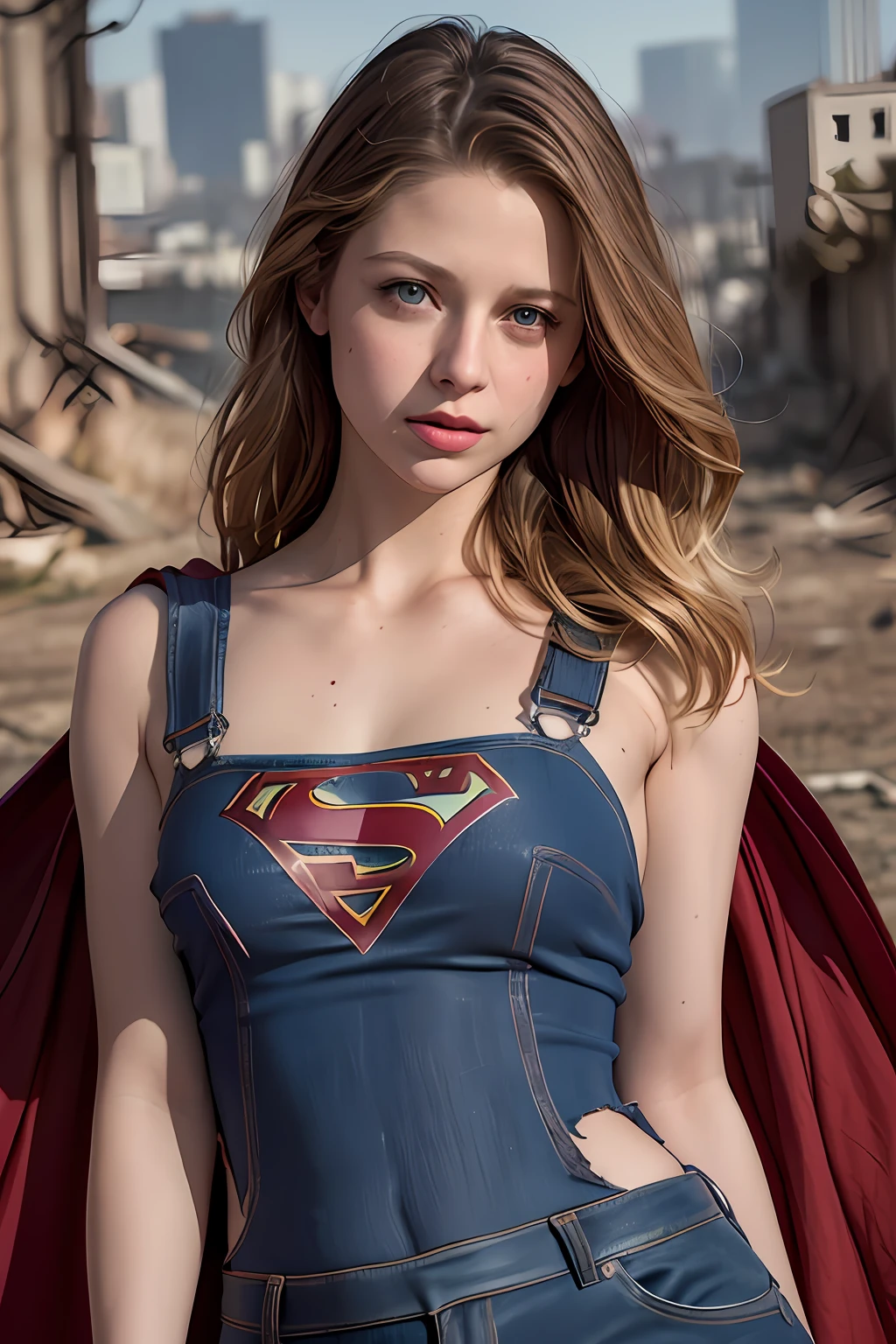 Melissa Benoist, 8k, best quality, real image, intricate details, ultra-detailed, ultra highres, depth field, (photorealistic, realistic: 1.2), masterpiece, photo of 1girl, supergirl, wounded, superhero, lying, back, realistic, torn overalls, (dirty, bruised,blood: 1.3), blue eyes, blonde hair, lips, long hair, solo, (naked), ruined city background, best quality, realistic,  photorealistic, (intricate details: 1.2), (delicate detailed), (cinematic light), clear line, sharp focus, realistic face, detailed and beautiful face