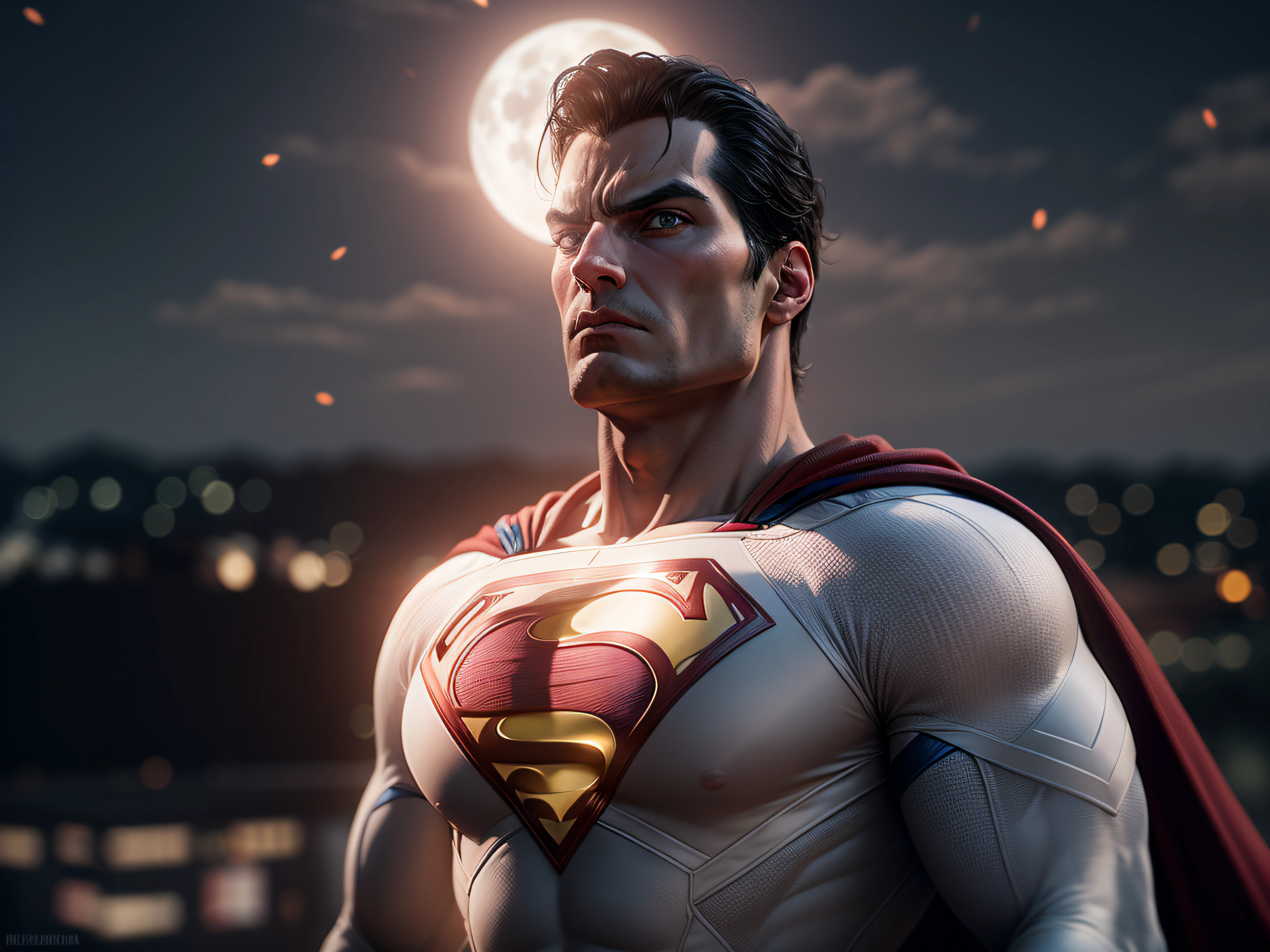 Close a powerful threat, The imposing appearance of the powerful Superman dressed in white and beige uniform, menacing stare, ricamente detalhado, Hiper realista, 3D-rendering, obra-prima, NVIDIA, RTX, ray-traced, Bokeh, Night sky with a huge and beautiful full moon, estrelas brilhando, 8k,