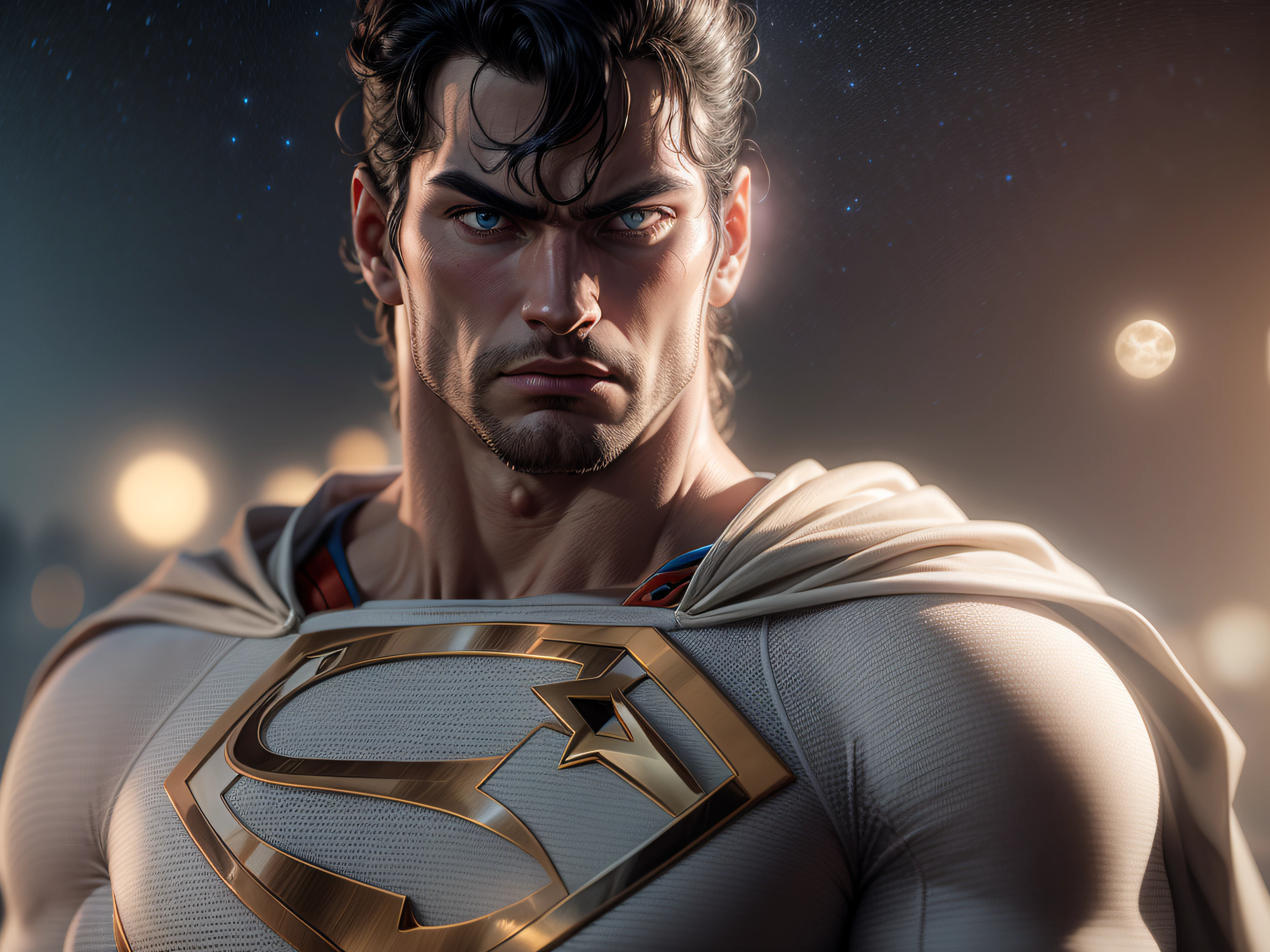Close a powerful threat, The imposing appearance of the powerful Superman dressed in white and beige uniform, menacing stare, ricamente detalhado, Hiper realista, 3D-rendering, obra-prima, NVIDIA, RTX, ray-traced, Bokeh, Night sky with a huge and beautiful full moon, estrelas brilhando, 8k,