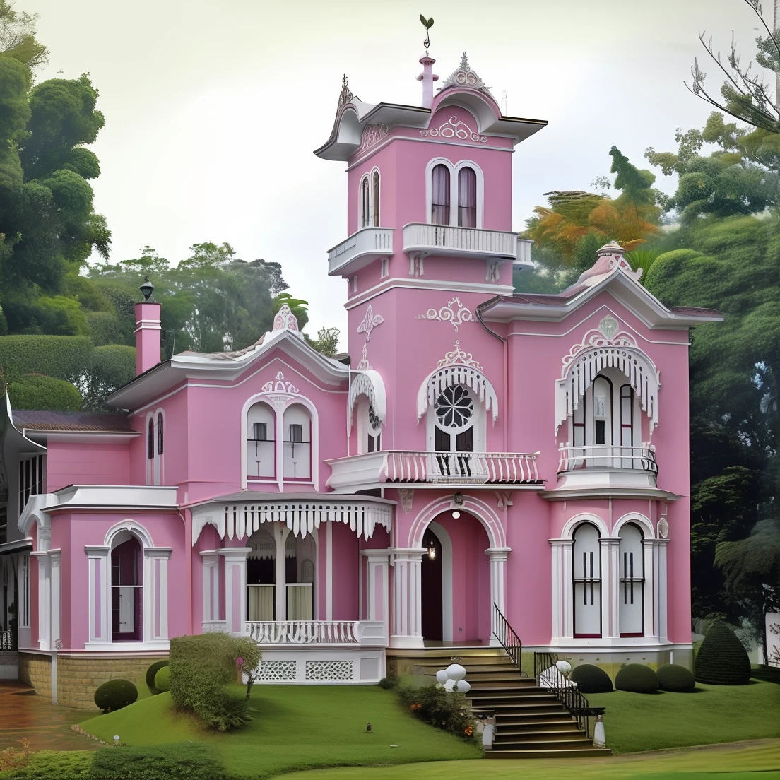 Arafed pink house with a clock tower and a staircase leading up to it, casa bonita, Casa Vitoriana, em uma casa estilo terra doce, victorian setting, vitoriano, muito ornamentado, victorian manor, Cores brilhantes, Estilo vitoriano, Foto de uma casa de bonecas vitoriana, rosa vibrante, Casa vitoriana ricamente decorada, requintadamente ornamentado, Arquitetura vitoriana, Vitoriano