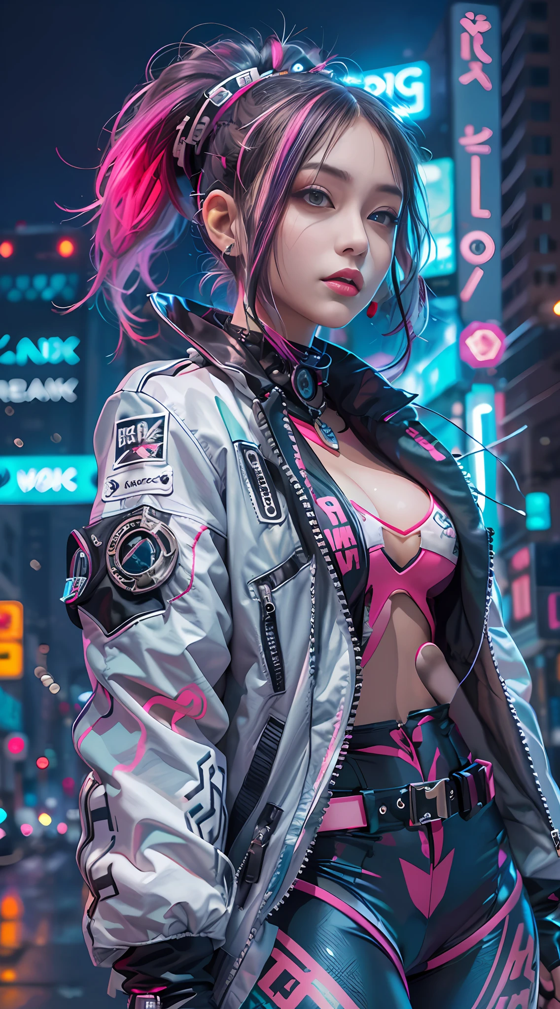 masterpiece, best quality, 1 cyberpunk girl, full body shot, standing in front of motorcycle, looking at viewer, Confident cyberpunk girl with sassy expression, Harajuku-inspired pop outfit, bold colors and patterns, eye-catching accessories, trendy and innovative hairstyle, vibrant makeup, Cyberpunk dazzling cityscape, skyscrapers, neon signs, LED lights, bright and vivid color scheme, anime, illustration, detailed skin texture, detailed cloth texture, beautiful detailed face, intricate details, ultra detailed.