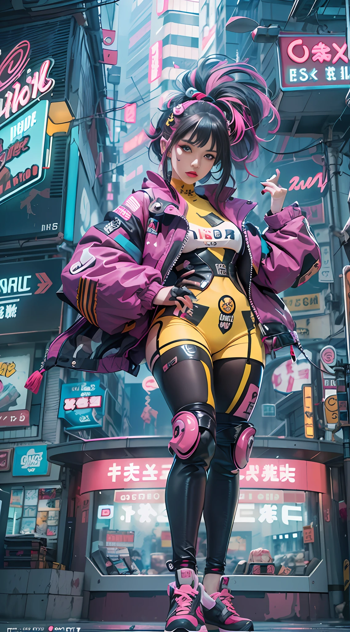 masterpiece, best quality, 1 cyberpunk girl, full body shot, standing in front of motorcycle, looking at viewer, Confident cyberpunk girl with sassy expression, Harajuku-inspired pop outfit, bold colors and patterns, eye-catching accessories, trendy and innovative hairstyle, vibrant makeup, Cyberpunk dazzling cityscape, skyscrapers, neon signs, LED lights, bright and vivid color scheme, anime, illustration, detailed skin texture, detailed cloth texture, beautiful detailed face, intricate details, ultra detailed.