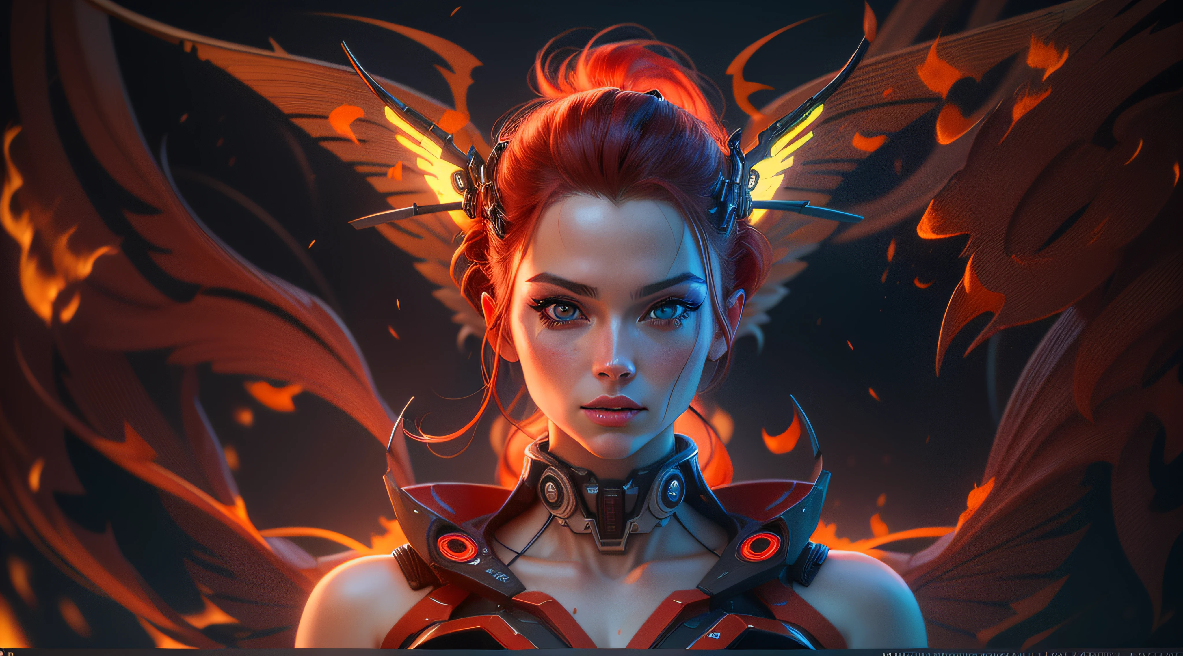 (8k, RAW photo, best quality, masterpiece:1.2), (realistic, photo-realistic:1.37), ultra high res, ultra-detailed ,full body, ((full-body shot)), woman, Dark Pheonix from Marvel comics, beautiful detailed eyes, beautiful detailed lips, Fiery wings on her back, professional lighting, photon mapping, radiosity, physically-based rendering, detailed symmetrical lips, extremely detailed eyes and face, symmetrical mouth, extremely detailed face, symmetrical eyes ,detailed eyebrows, extremely detailed eyes, beautiful detailed eyes, extremely detailed face , light on face, (full body), looking at viewer, ((red hair)), ((long hair)), ((fairy)), ((mecha suit)), ((neon mechanical wings)), ((cyberpunk)), ((legs)), ((energy core at centre of body)), ((fire sword)), _stardeaf-cold-arc_ ((octane render))