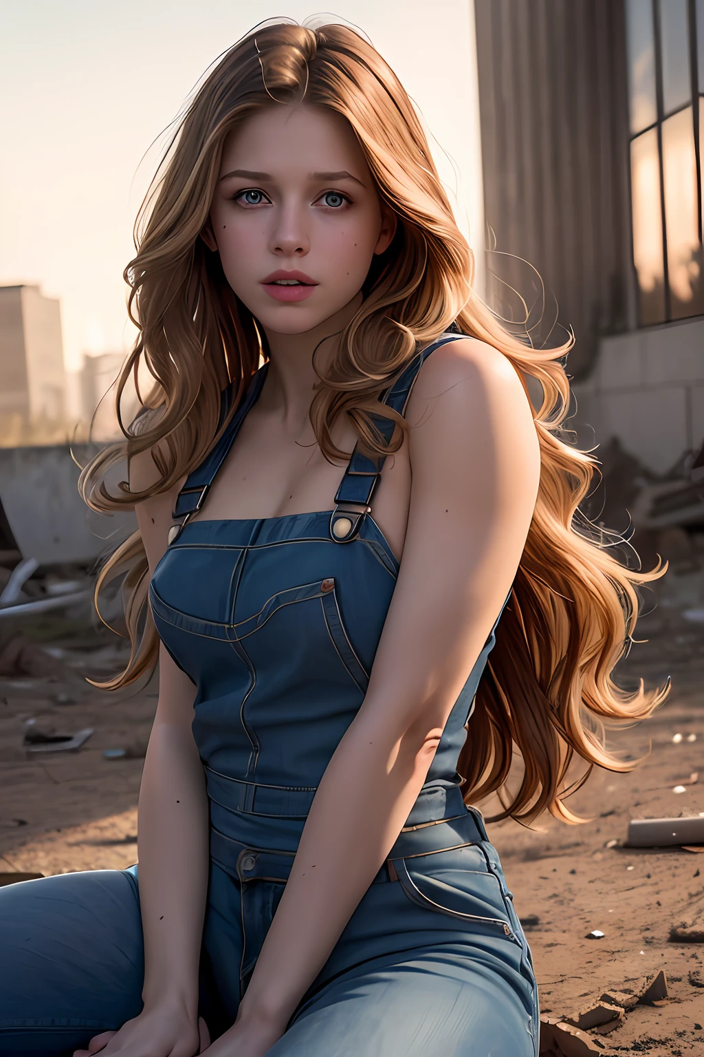 Melissa Benoist, 8k, best quality, real image, intricate details, ultra-detailed, ultra highres, depth field, (photorealistic, realistic: 1.2), masterpiece, photo of 1girl, supergirl, wounded, superhero, lying, back, realistic, torn overalls, (dirty, bruised,blood: 1.3), blue eyes, blonde hair, lips, long hair, solo, (naked), ruined city background, best quality, realistic, photorealistic, (intricate details: 1.2), (delicate detailed), (cinematic light), clear line, sharp focus, realistic face, detailed and beautiful face