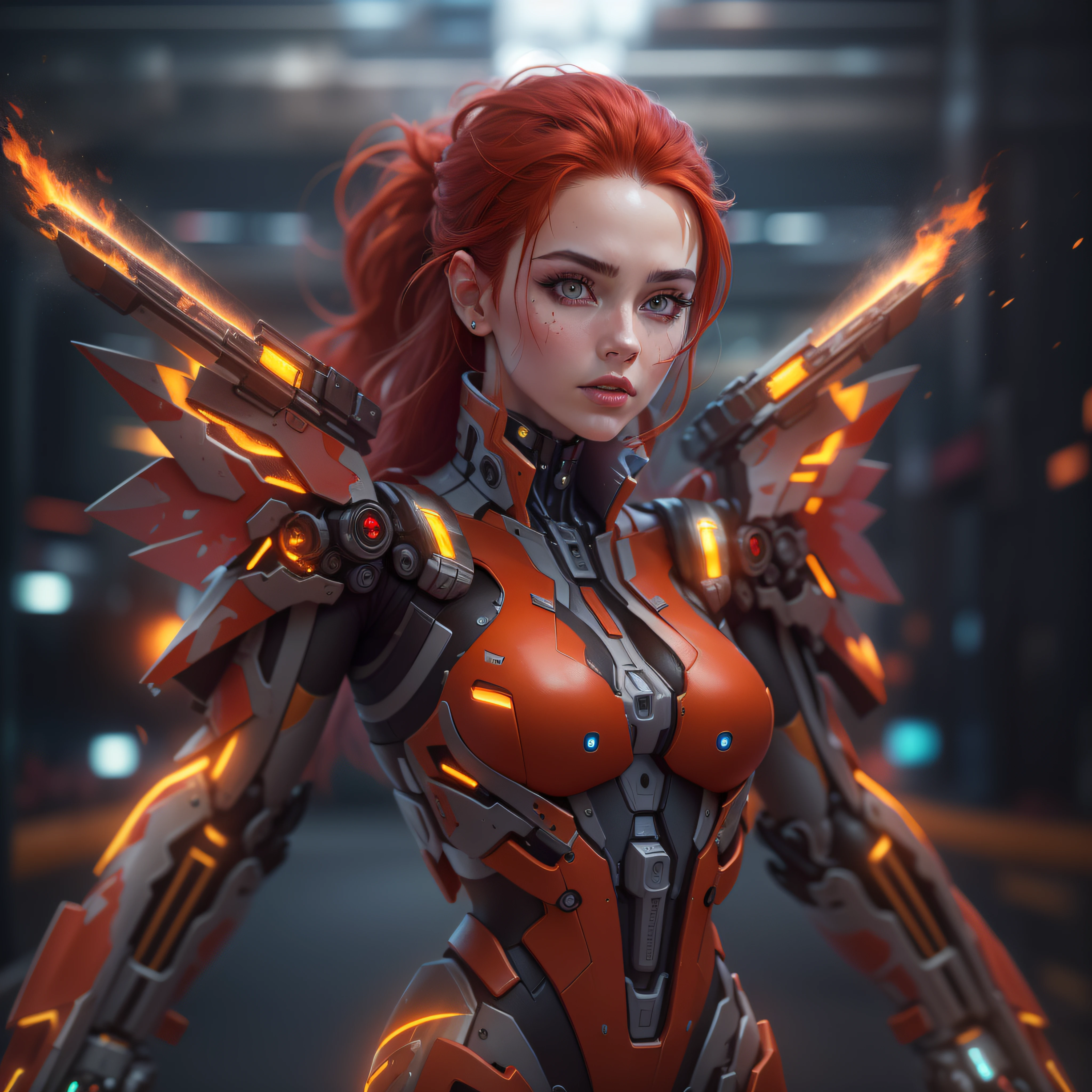 (8k, RAW photo, best quality, masterpiece:1.2), (realistic, photo-realistic:1.37), ultra high res, ultra-detailed ,full body, ((full-body shot)), woman, beautiful detailed eyes, beautiful detailed lips, professional lighting, photon mapping, radiosity, physically-based rendering, detailed symmetrical lips, extremely detailed eyes and face, symmetrical mouth, extremely detailed face, symmetrical eyes ,detailed eyebrows, extremely detailed eyes, beautiful detailed eyes, extremely detailed face , light on face, (full body), looking at viewer, ((red hair)), ((long hair)), ((fairy)), ((mecha suit)), ((neon mechanical wings)), ((cyberpunk)), ((legs)), ((energy core at centre of body)), ((fire sword)), _stardeaf-cold-arc_ ((octane render))