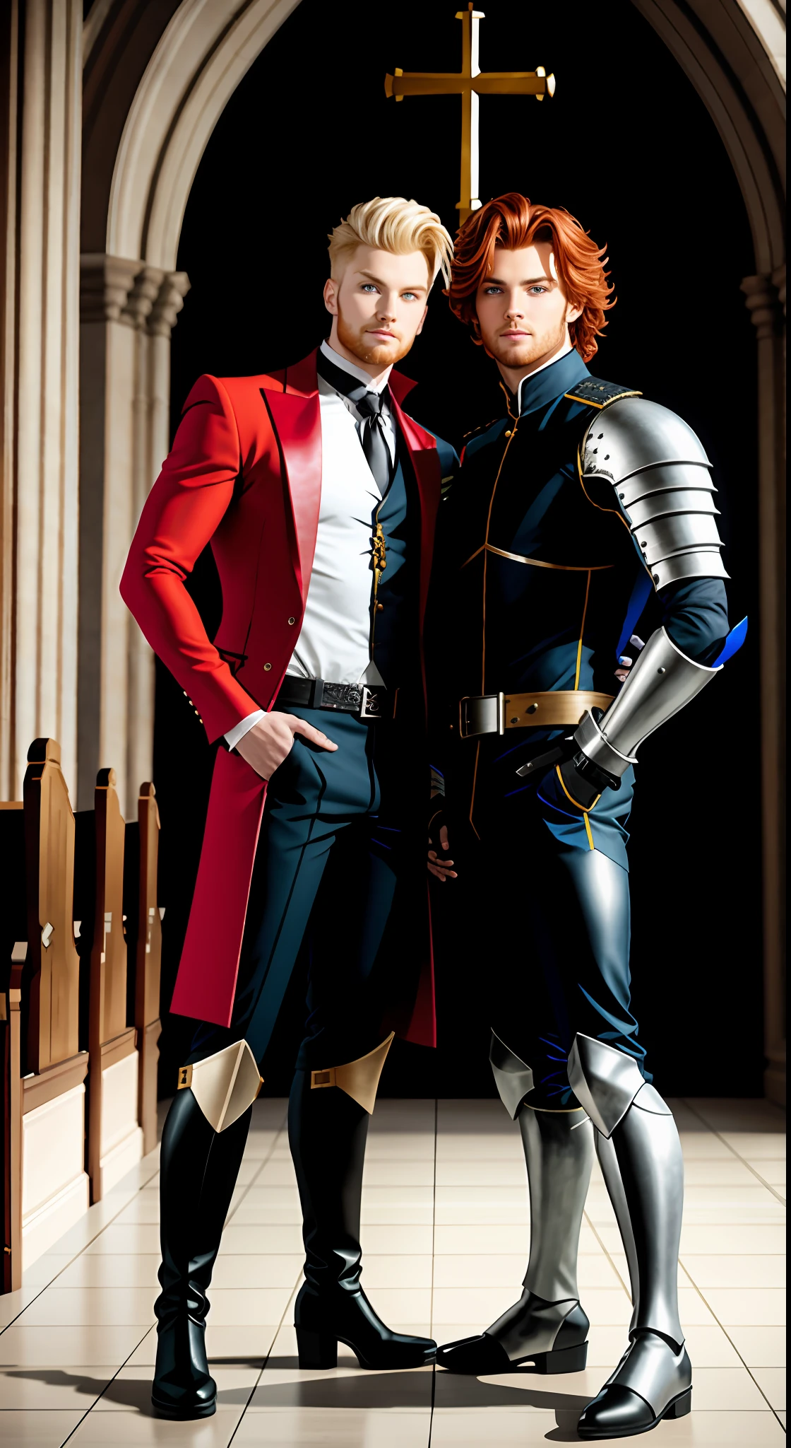 tmasterpiece, Best quality at best, 2 young men, A gay couple, Homosexuality, 2 Men, A red-haired person and another blonde person, Height difference, Different colors, apathy, Loves, Church background, Thick and messy hair,Gay,Both wore assassin uniforms,Knight boots Seductive feet,Model figure,Tall,