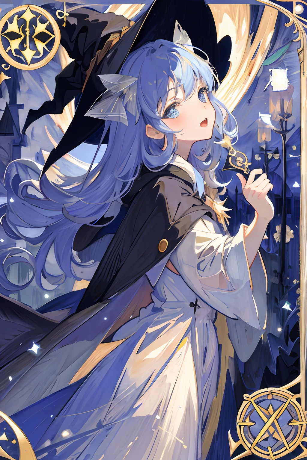 ((masterpiece:1.2, best quality)), 1girl, solo, (witch hat), blonde hair, long hair, dress, aurora, night, star (sky), gloves, sky, white dress, night sky, open mouth, starry sky, blue eyes, ribbon, very long hair, red dress, smile, hair ribbon, cape, blue hair, (bird), magic, casting spell, dark clouds, night, (impressionism:1.4), (tarot:1.3), alphonse mucha,