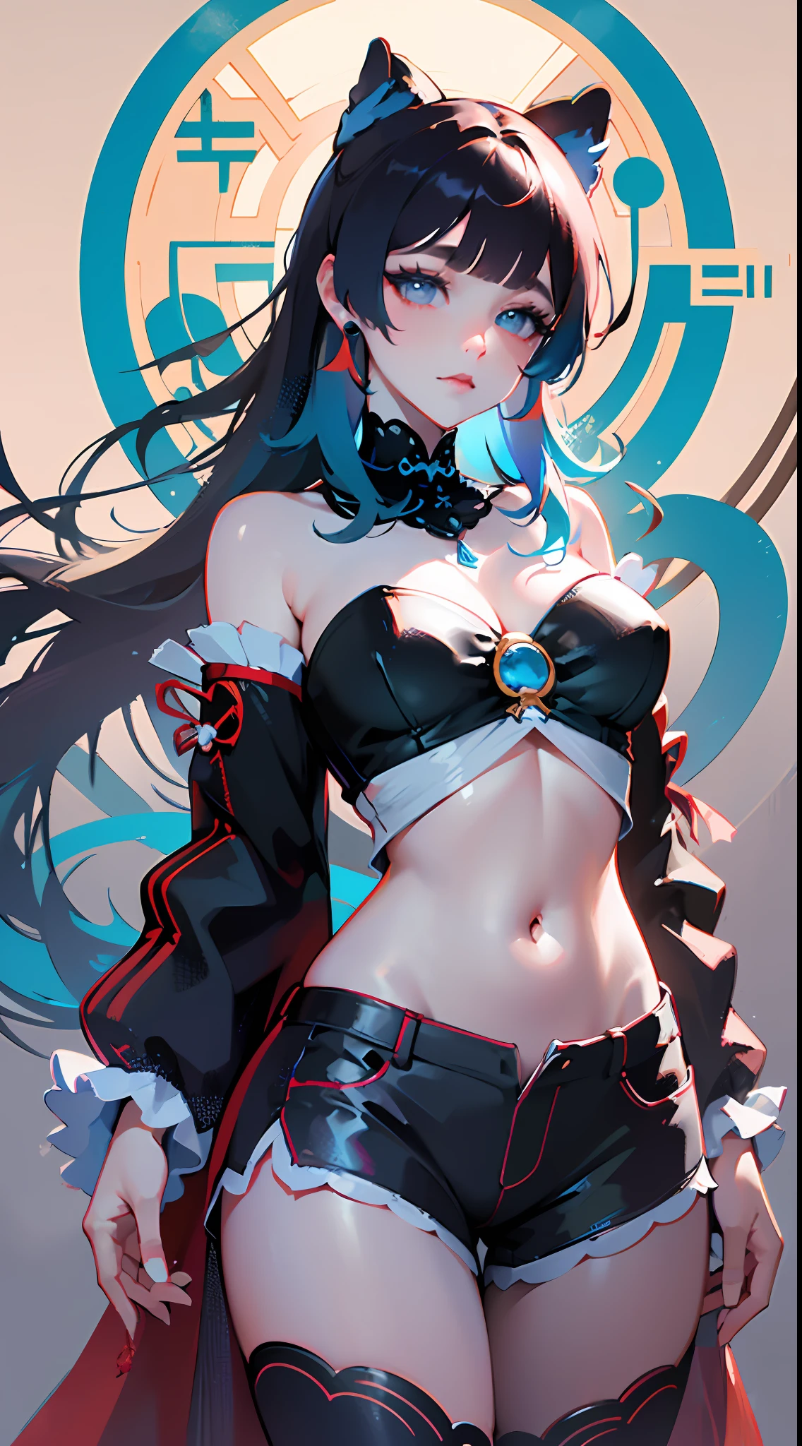 masterpiece, best quality, 1girl, aqua eyes, black hair, closed mouth, multicolored background, looking at viewer, outdoors, solo, upper body, alluring, clean, beautiful face, pure face, pale skin, sexy pose,((tube top, off shoulder, navel, shorts)), long hair, ((perfect female figure)), mature female, milf, narrow waist, chinese deity, seductive, highly detailed,best quality, masterpiece, highres, original, extremely detailed 8K wallpaper,masterpiece, best quality, illustration, beautifully detailed eyes, cinematic lighting,
