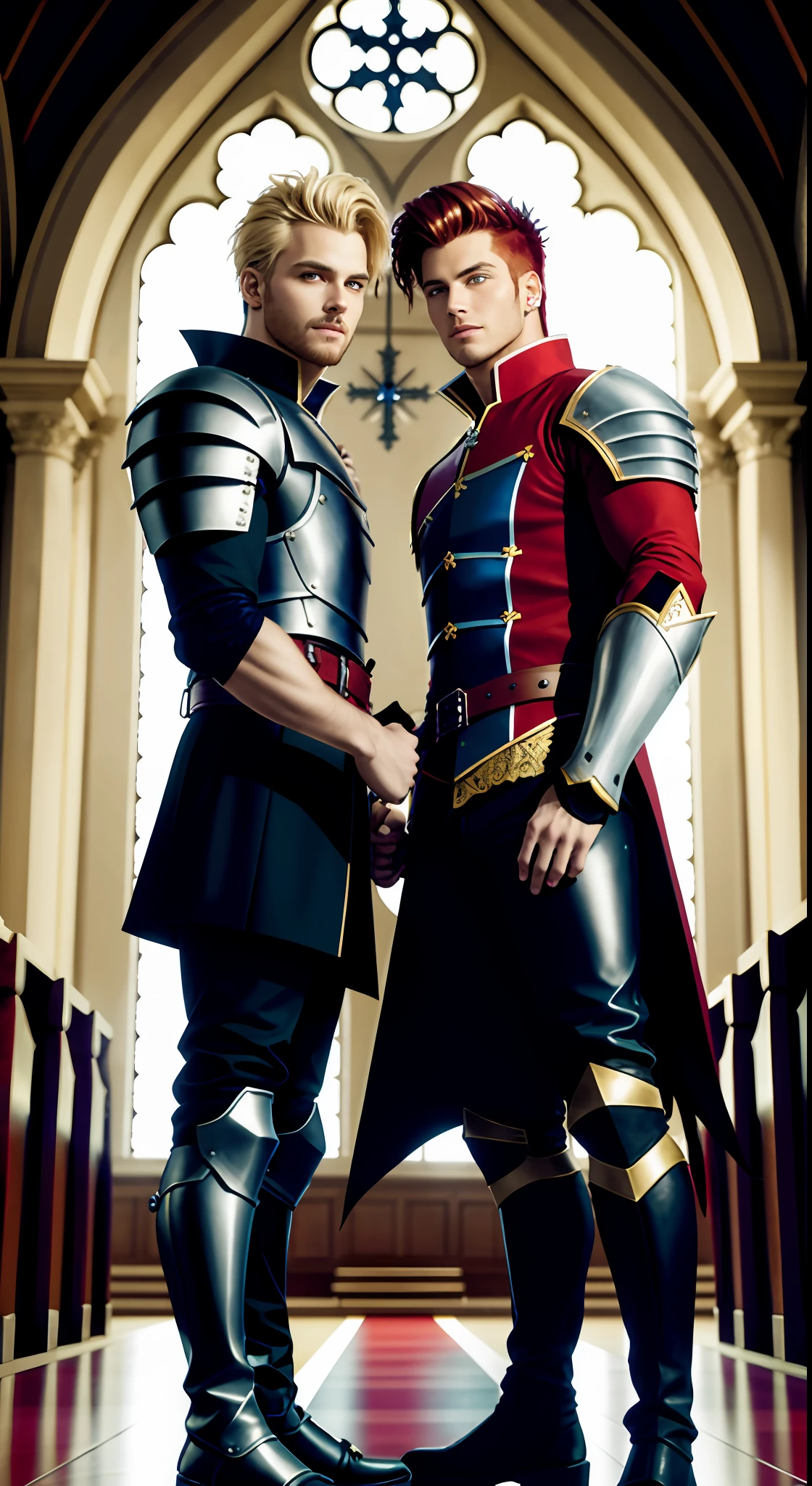 tmasterpiece， Best quality at best， 2 young men， A gay couple， Homosexuality， 2 Men， A red-haired person and another blonde person， Height difference， Different colors， apathy， Loves， Church background， Thick and messy hair，Gay，Both wore assassin uniforms，Knight boots Seductive feet，Model figure，Tall，