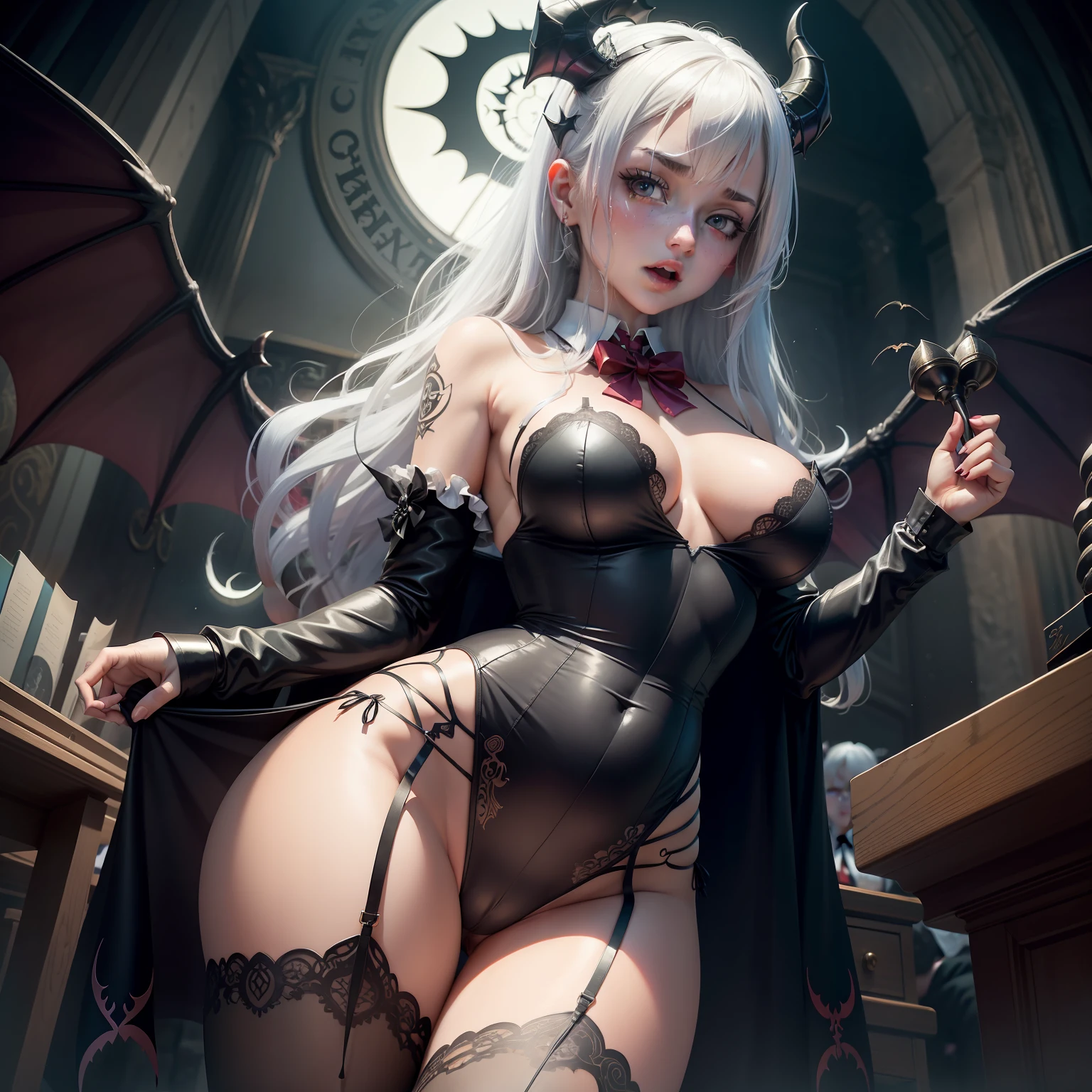 lectern, bodystocking, Kizi, school uniform, school skirt,Open clothes, Breasts,Panties exposed，Bras can be seen，The bra is exposed，Leg to knee，White color hair，Tattooed with，The demons，has horns on its head，Blushing，Bats fly around，the night，rosette，rays of moonlight，8K，Semen on the face，Lewd expression，exposed ，Exposed genitals，Succubus Pattern