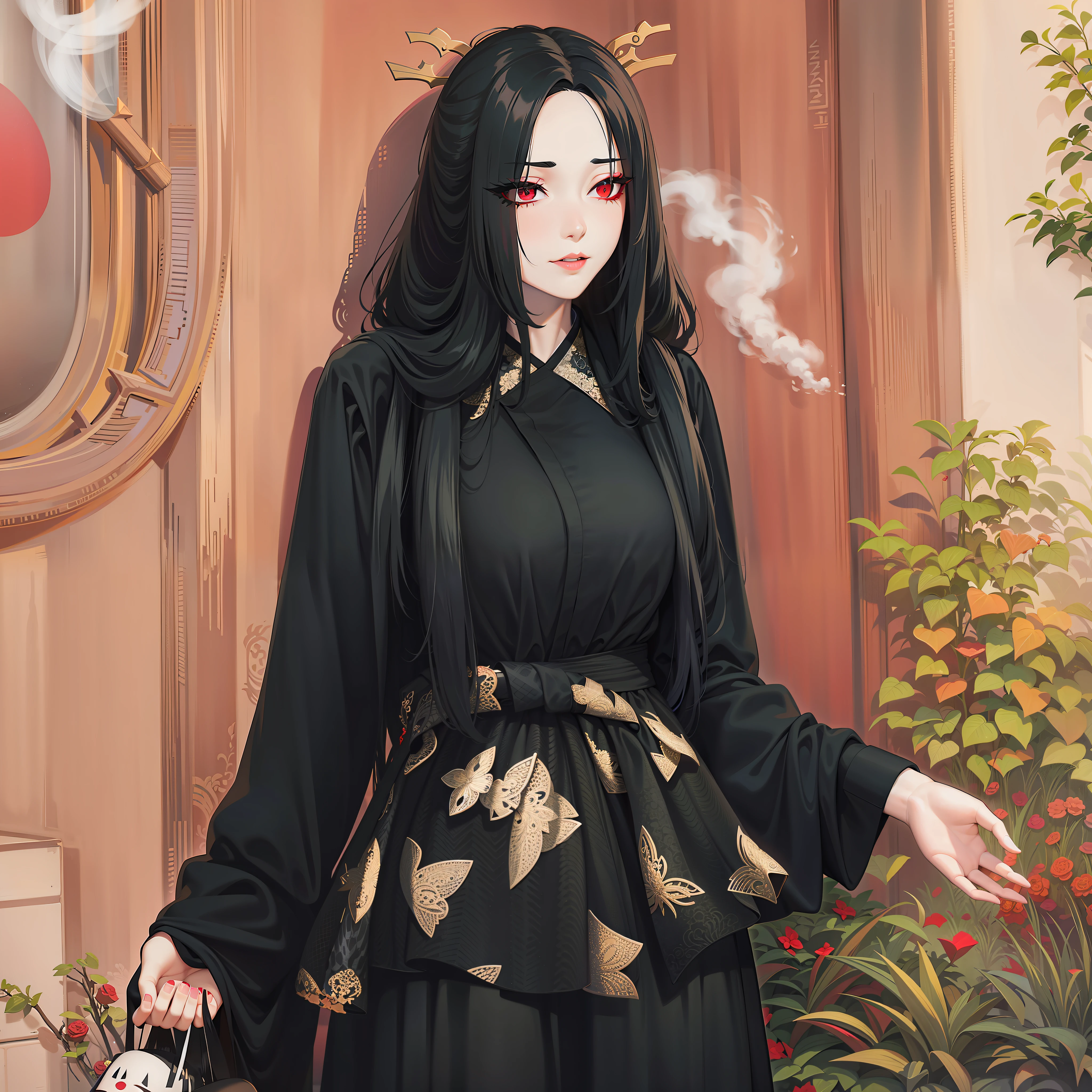 araffe woman with long black hair and a black dress, Hanfu, cruel korean goth girl, 2 0 2 0 fashion, black and red silk clothing, wearing modern gothic clothes, intricate hakama, shaxi, inspired by Sim Sa-jeong, gothic clothing, Gothic aesthetics, ulzzangs, bladed wings lace wear, gothic clothing, jia