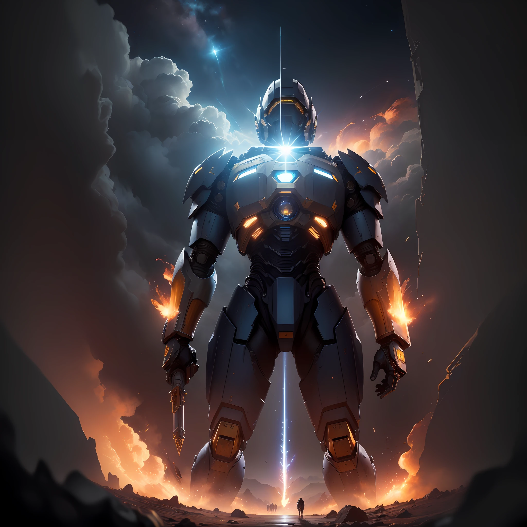 A closeup of a robot standing in front of a sky, hq 4k papel de parede, Unreal motor 4k papel de parede, terno mecha, anthem game inspiration, HQ 4K papel de parede do telefone, Trending in ArtStation 4K, arte chave, Arte conceitual 8K HD, Pacific Kidney Jaeger, intrincada armadura mecha brilhante, arte conceitual digital de alta qualidade, Wojtek FUS