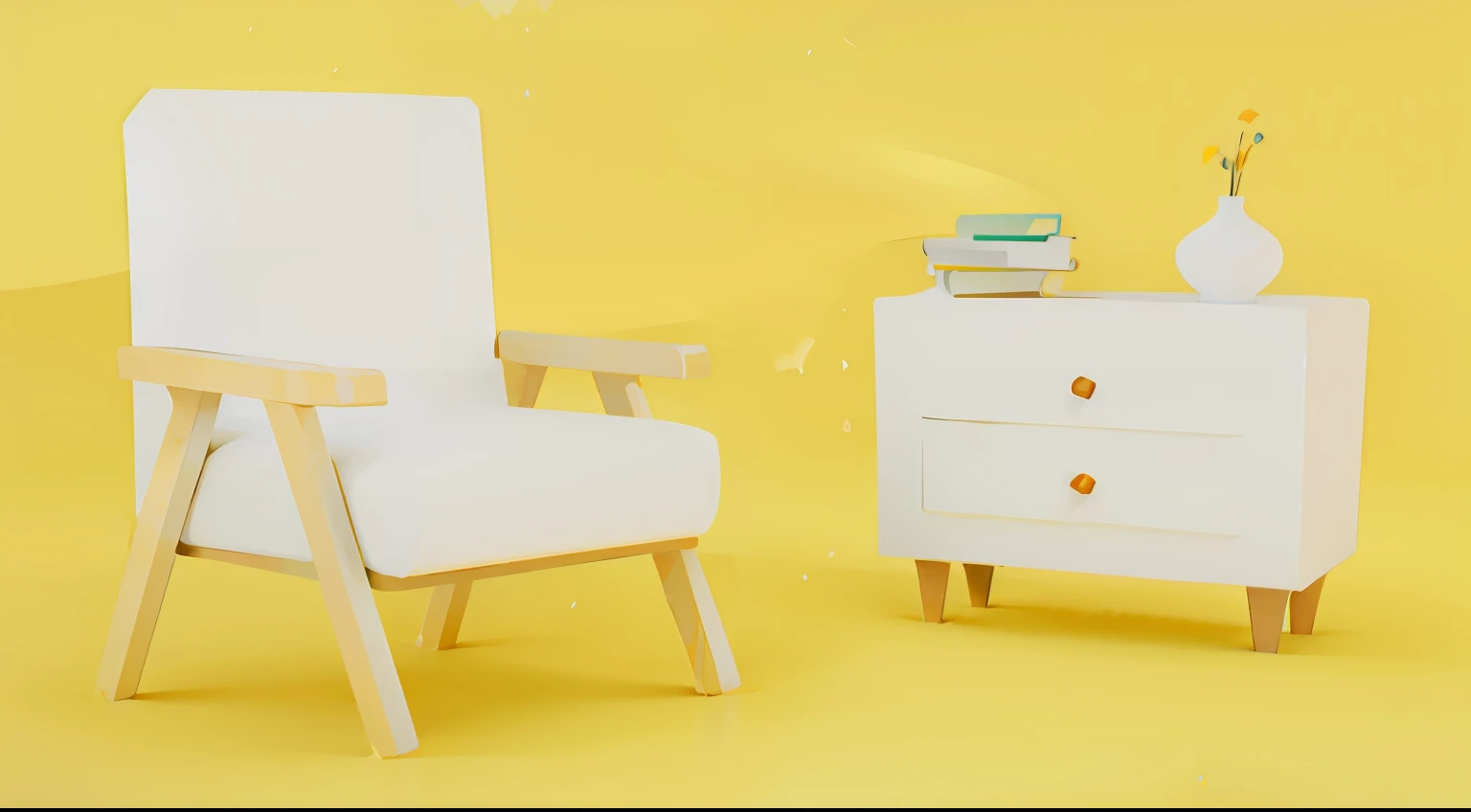 There is a white chair and a white table，There is a vase on it, furniture concept photo!!, animation style render, clean 3 d render, Product rendering, 3 d product render, cinema 4d render, cinema4d render, cinema 4 d render, product design render, stylistic furniture, rendered in 3 dsmax, detailed 3 d render, Detailed 3D rendering cinematic lighting, Fujicolor, UHD, UHD, high details, high quality, 8k, highres