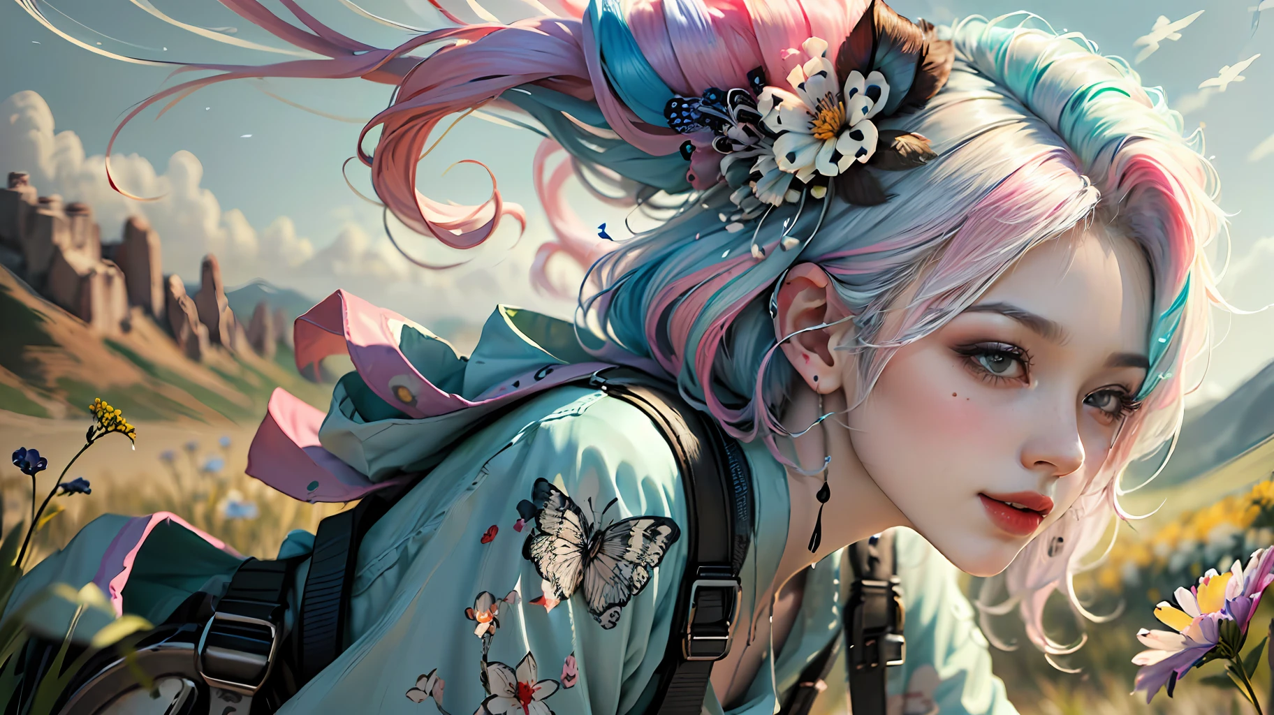 (absurdres:1.4), highres, ultra detailed, textured, concept art, (ultra-detailed background, detailed background), extremly detailed, Incredible Detailed , (streaked hair:1.1, pastel neon colors hair:1.1, middle hair), a adult girl, 25 years old, (colorful cloths:1.5, lightweight equipment or dress), from side,happy, black ink, material effects, (Selective Color monochorome:1.2), (zentangle :1.2), stylish pose, (colorful:1.2, vivid:1.2) , Design a serene grassland scene, with rolling hills, wildflowers, and a peaceful, open atmosphere.,nijistyle ,3DMM --auto --s2
