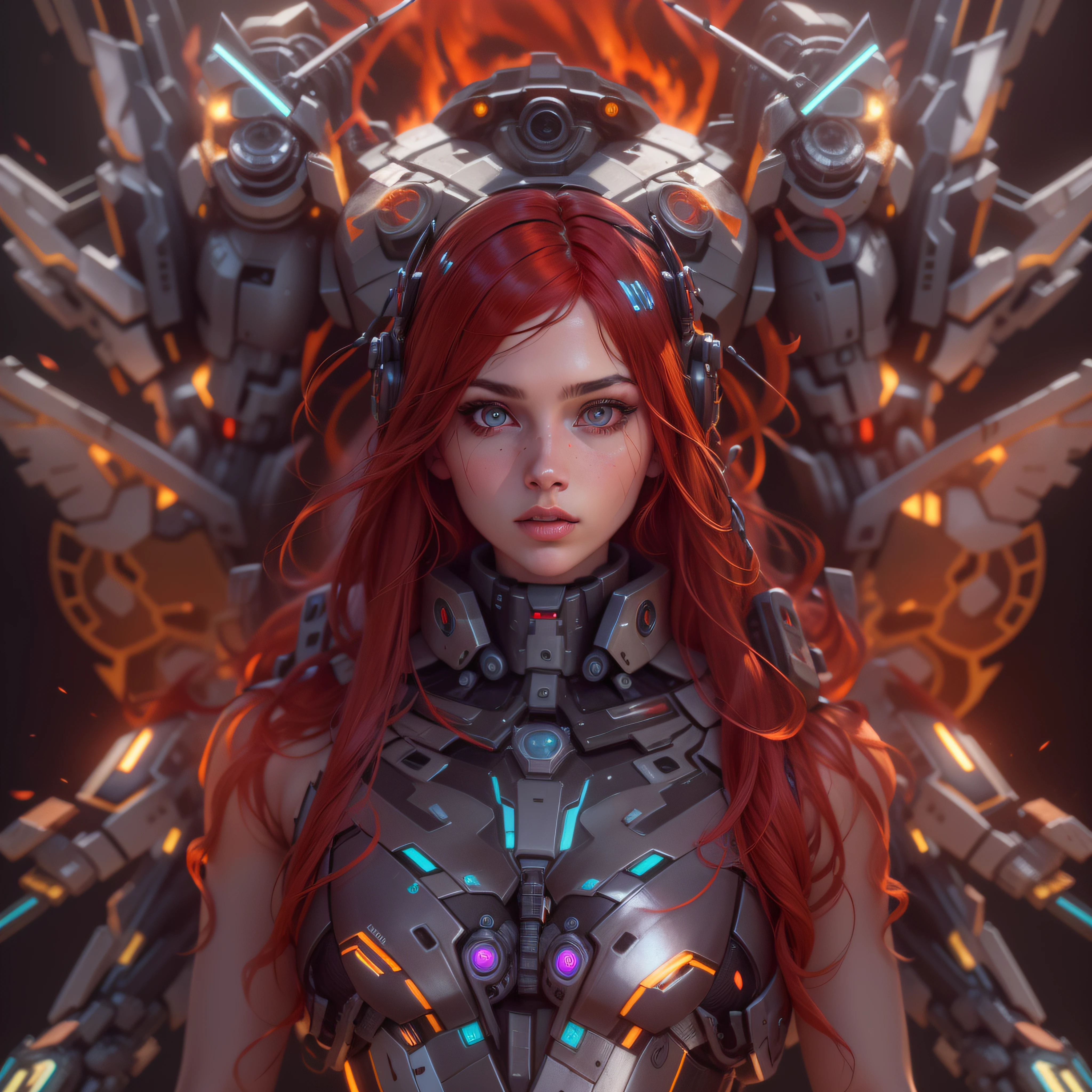 (8k, RAW photo, best quality, masterpiece:1.2), (realistic, photo-realistic:1.37), ultra high res, ultra-detailed ,full body, ((full-body shot)), woman, beautiful detailed eyes, beautiful detailed lips, professional lighting, photon mapping, radiosity, physically-based rendering, detailed symmetrical lips, extremely detailed eyes and face, symmetrical mouth, extremely detailed face, symmetrical eyes ,detailed eyebrows, extremely detailed eyes, beautiful detailed eyes, extremely detailed face , light on face, (full body), looking at viewer, ((red hair)), ((long hair)), ((fairy)), ((mecha suit)), ((neon mechanical wings)), ((cyberpunk)), ((legs)), ((energy core at centre of body)), ((fire sword)), _stardeaf-cold-arc_ ((octane render))