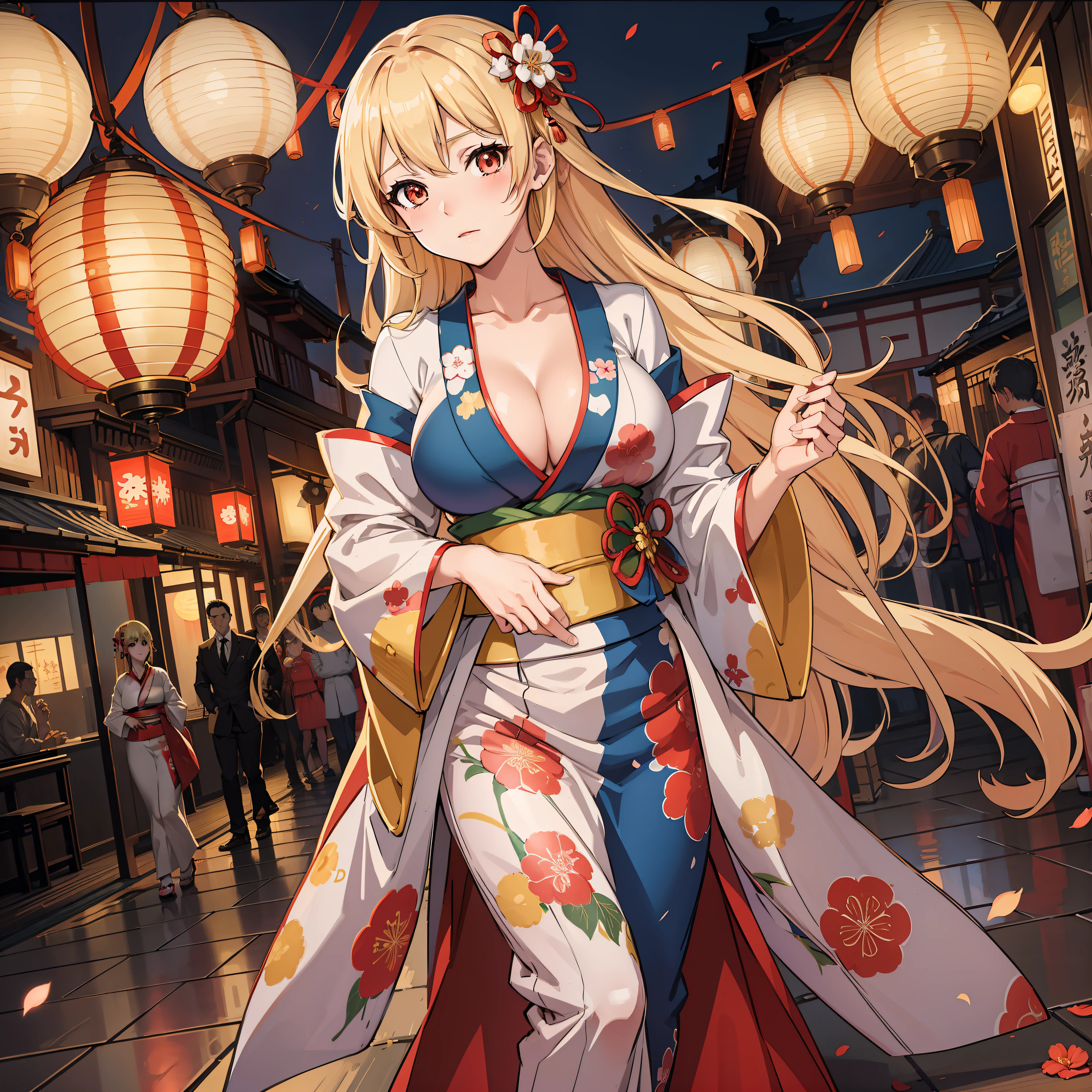 Illustrate an anime girl in a traditional kimono, strolling through a lantern-lit festival, radiating charm and elegance, blonde, full body shot, sexy, seductive, , revealing outfit, large breasts, cleavage
