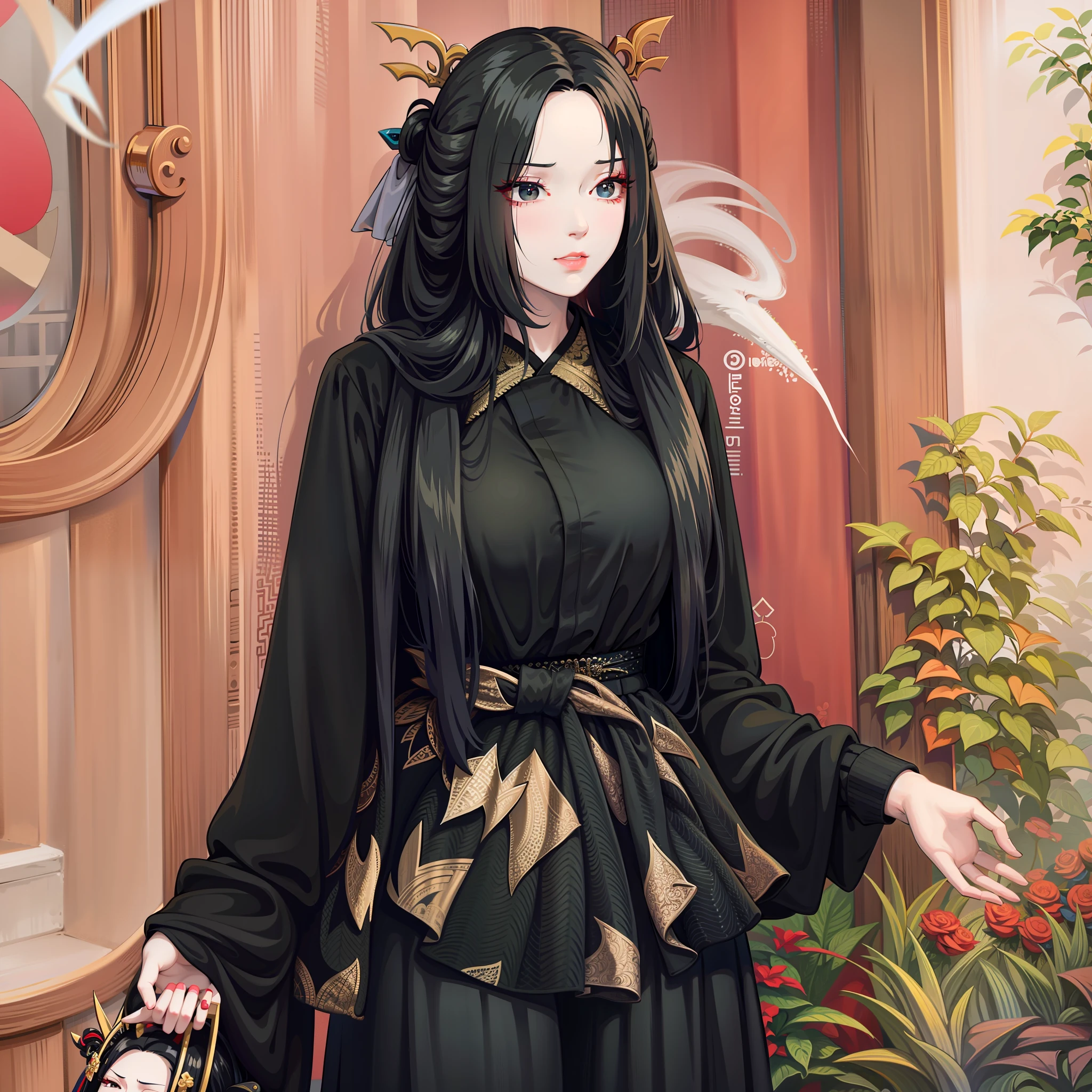 araffe woman with long black hair and a black dress, Hanfu, cruel korean goth girl, 2 0 2 0 fashion, black and red silk clothing, wearing modern gothic clothes, intricate hakama, shaxi, inspired by Sim Sa-jeong, gothic clothing, Gothic aesthetics, ulzzangs, bladed wings lace wear, gothic clothing, dignified，ellegance