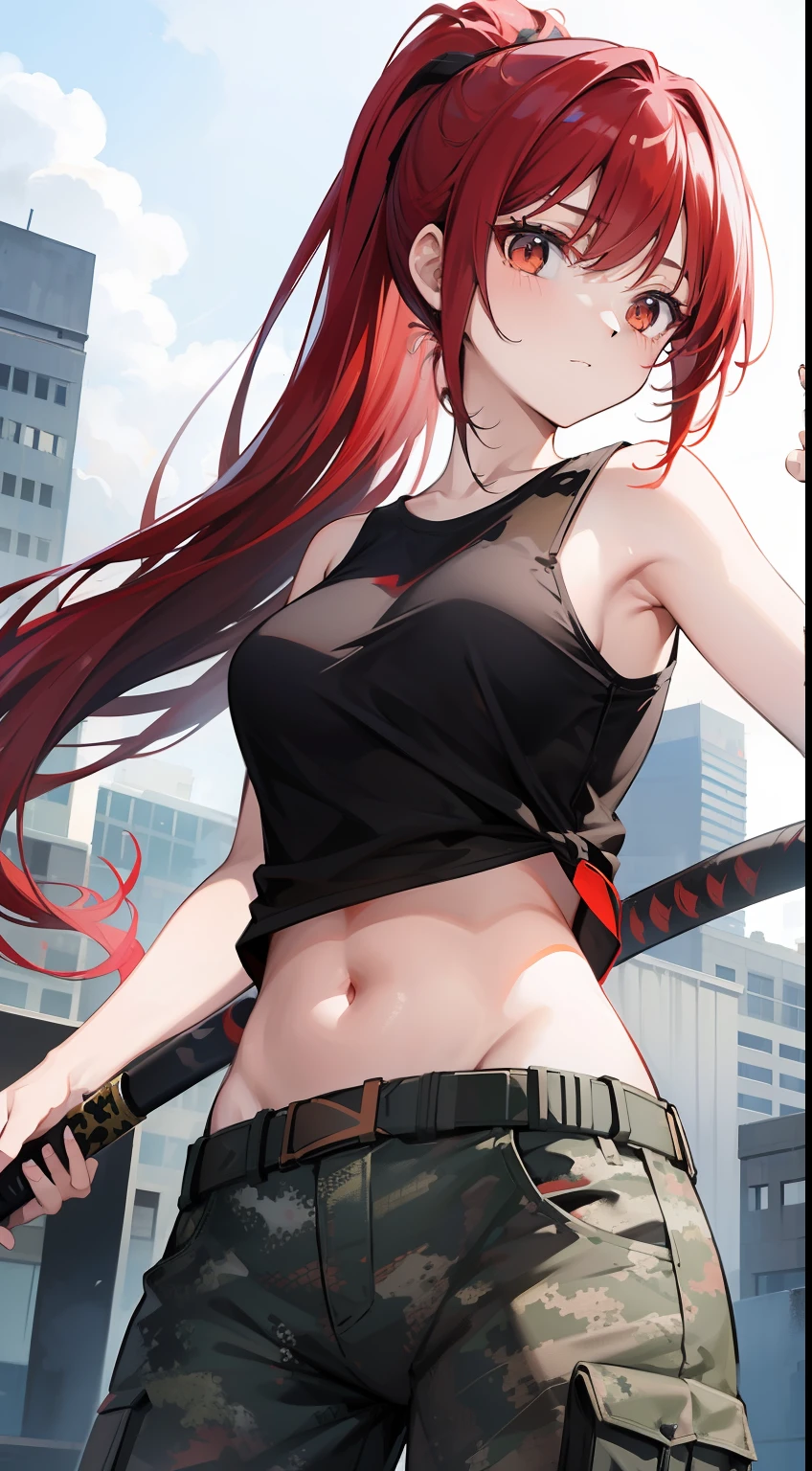 young girl, Long red hair, high ponytail, brown eye, Black sleeveless t-shirt, open belly, camouflage military pants, Katanas, Masterpiece, hiquality