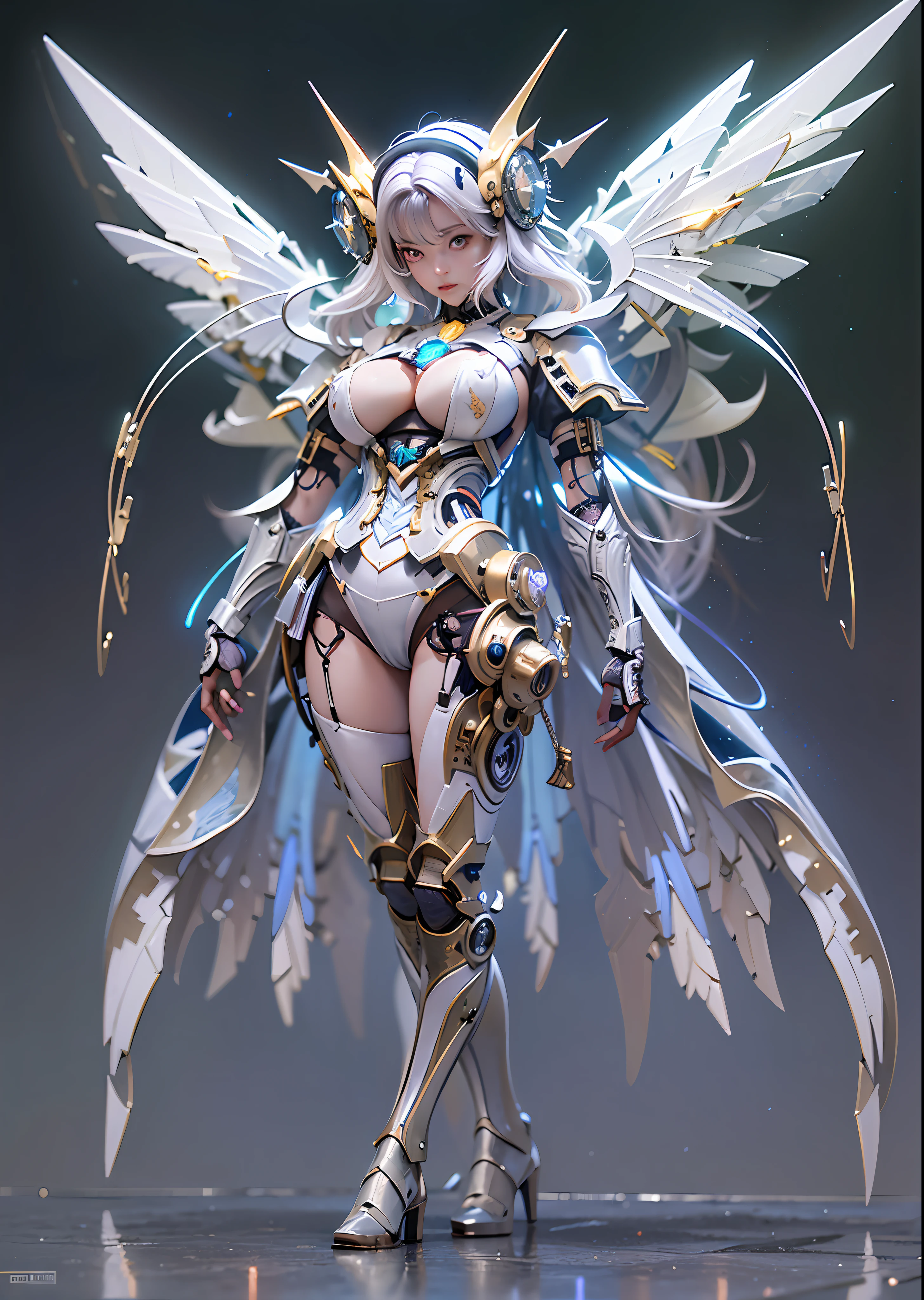 top-quality、​masterpiece、超A high resolution、(Photorealsitic:1.4)、Raw photo、Steampunk Battle Cyborg Angel、large wings made of metal、White porcelain body、Acrylic Clear Cover、white  hair、glowy skin、1 Cyborg Girl、((super realistic details))、portlate、globalillumination、Shadow、octan render、8K、ultrasharp、character edge light,Colossal tits、Raw skin is exposed in cleavage、Details of complex ornaments、Sumerian details、Hydraulic cylinder、Small LED lamp、highly intricate detail、Realistic light、a purple eye、radiant eyes、Facing the camera、neon details、cowboy  shot、Futuristic headgear、About Cyberpunk、、