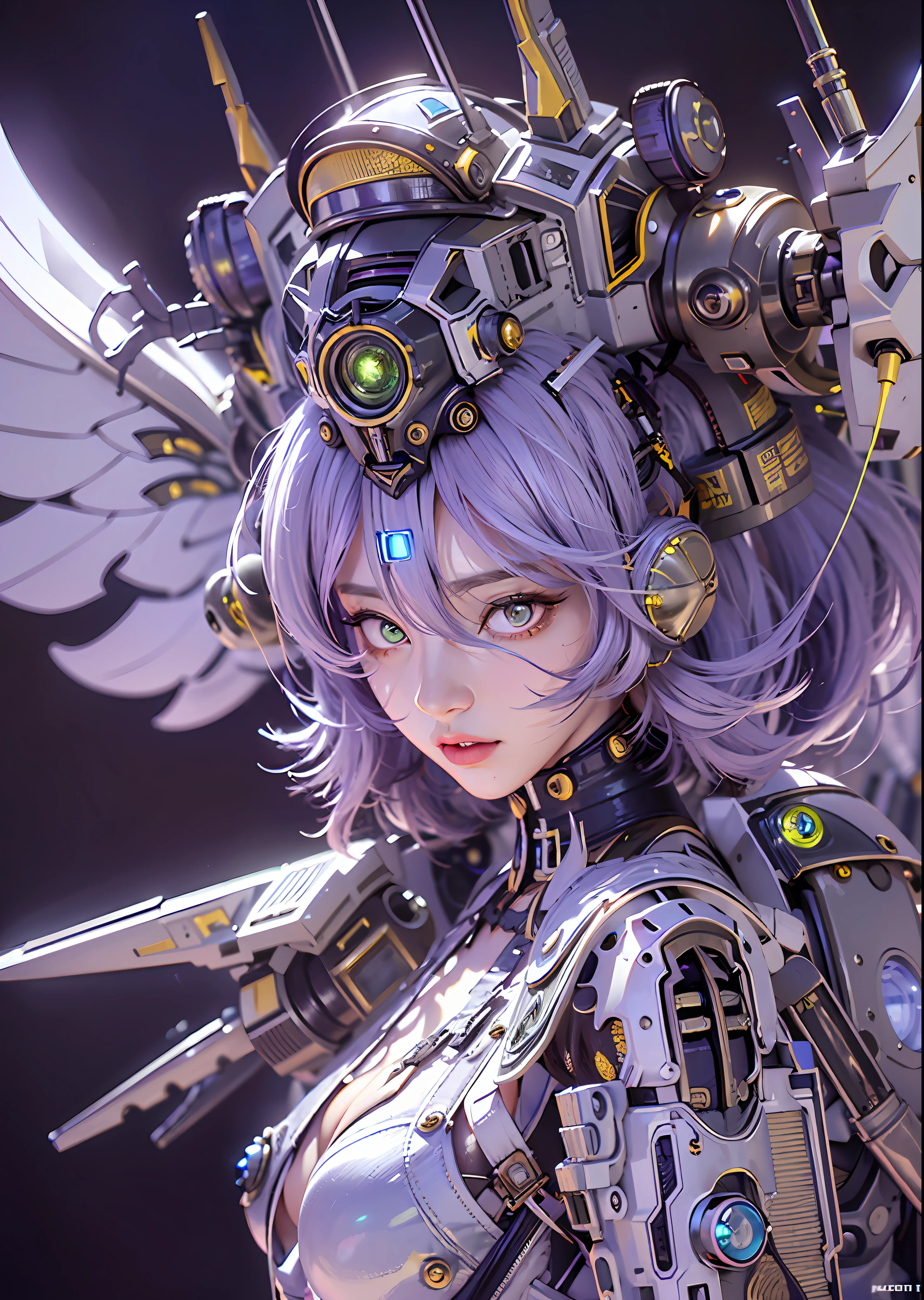 top-quality、masterpiece、超A high resolution、(Photorealsitic:1.4)、Raw photo、Steampunk Battle Cyborg Angel、large wings made of metal、White porcelain body、Acrylic Clear Cover、white hair、glowy skin、1 Cyborg Girl、((super realistic details))、portlate、globalillumination、Shadow、octan render、8K、ultrasharp、character edge light,Colossal tits、Raw skin is exposed in cleavage、Details of complex ornaments、Sumerian details、Hydraulic cylinder、Small LED lamp、highly intricate detail、Realistic light、a purple eye、radiant eyes、Facing the camera、neon details、cowboy shot、Futuristic headgear、About Cyberpunk、、