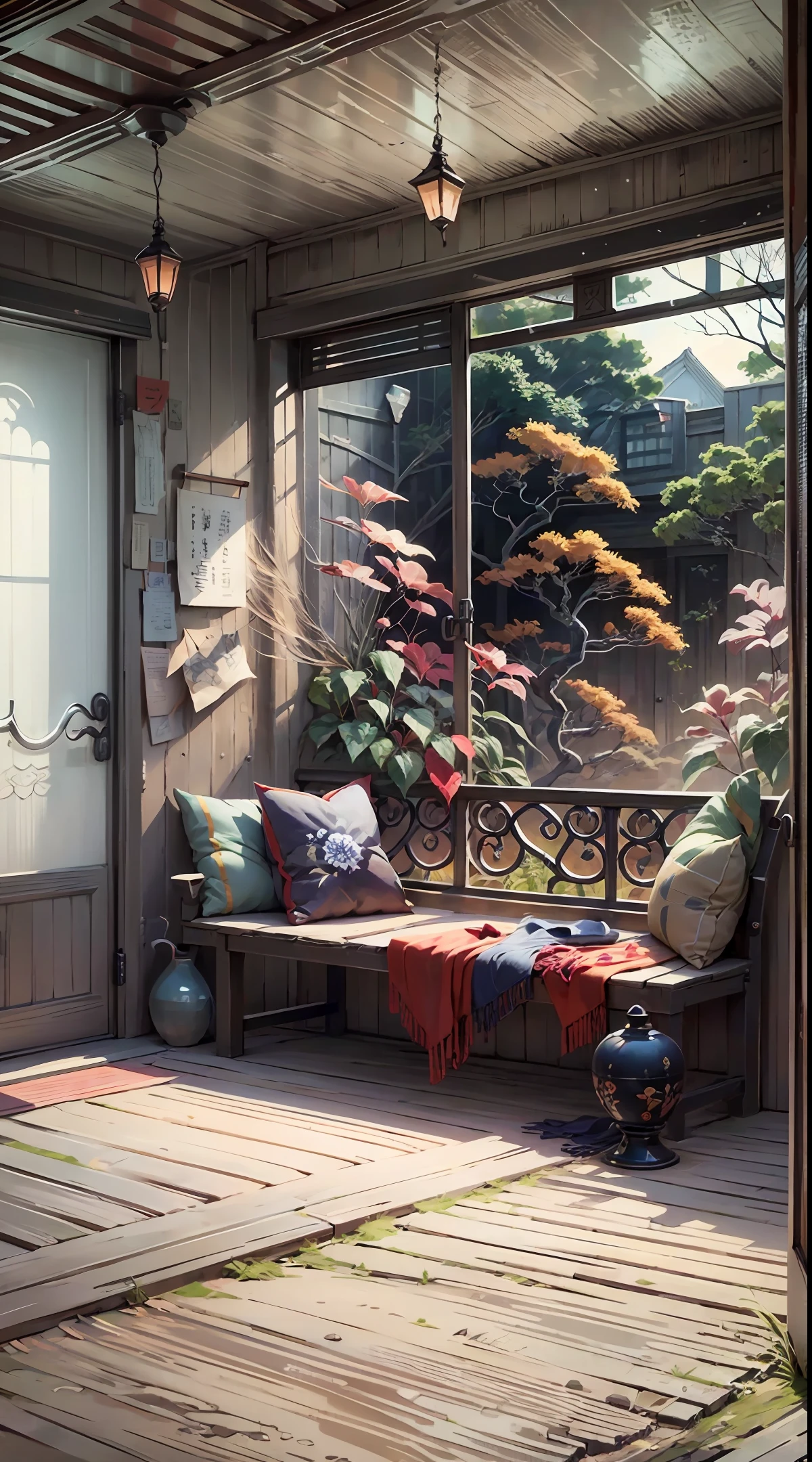 Hiroshige's setting: a room with a large window and a bench, arte de fundo de anime, fundo de anime, estilo de arte japonesa, Scenery art, beautiful aesthetic art, bela cena estilo hiroshige, Hiroshige aesthetics, estilo de arte impressionante, cena de paz bonita anime, ross tran. scenic background, arte conceitual relaxante, arte de fundo, arte de fundo interior, Hiroshige Set Concept Art, Hiroshige's scenery --auto --s2