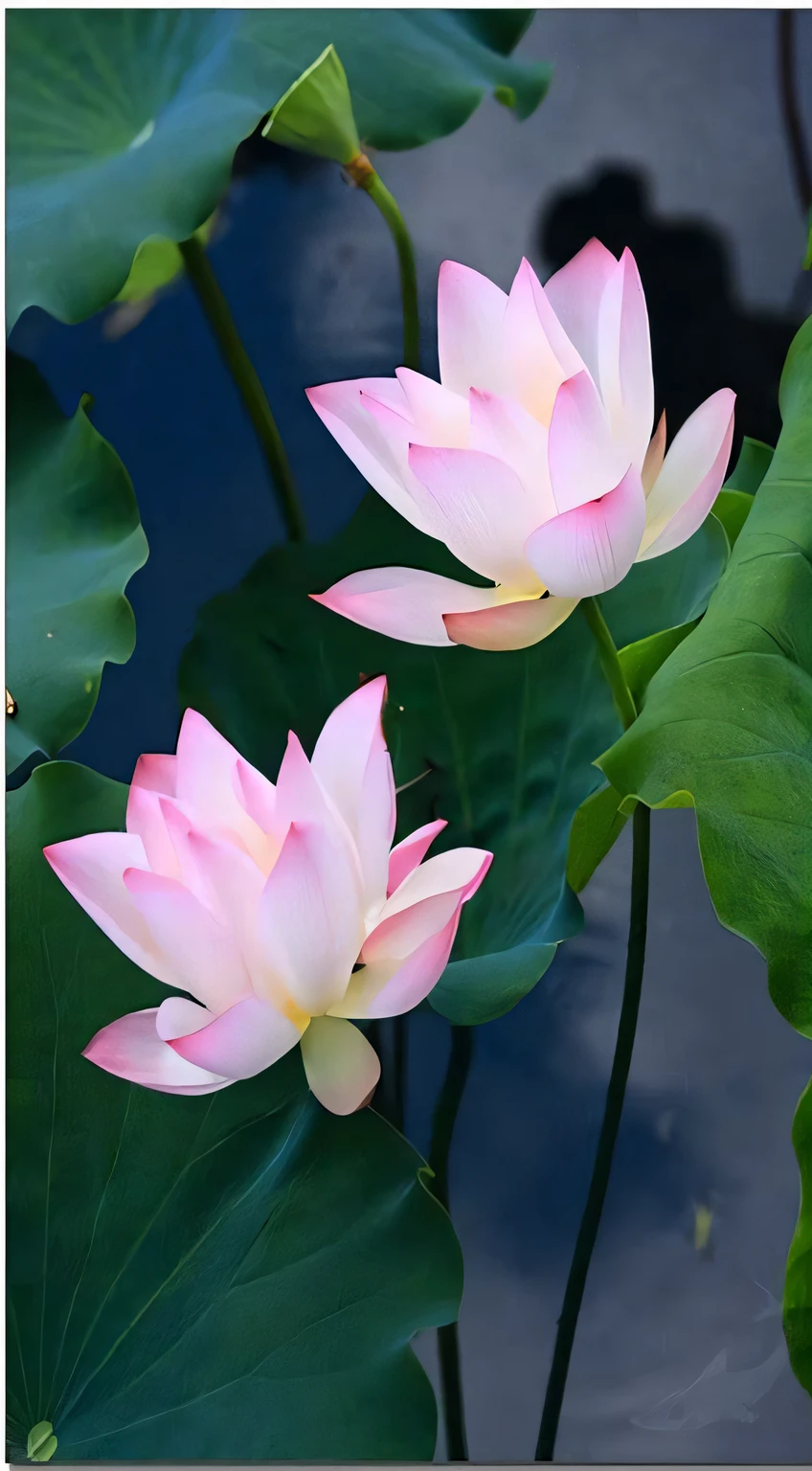 There are two pink flowers blooming in the water, lotuses, lotuses, lotus petals, Lotus, with lotus flowers, lotus flower, sitting on a lotus flower, lotus flowers on the water, standing gracefully upon a lotus, Pink Lotus Queen, Lotus pond, water lilies, waterlily mecha nymphaea, spirited water plants