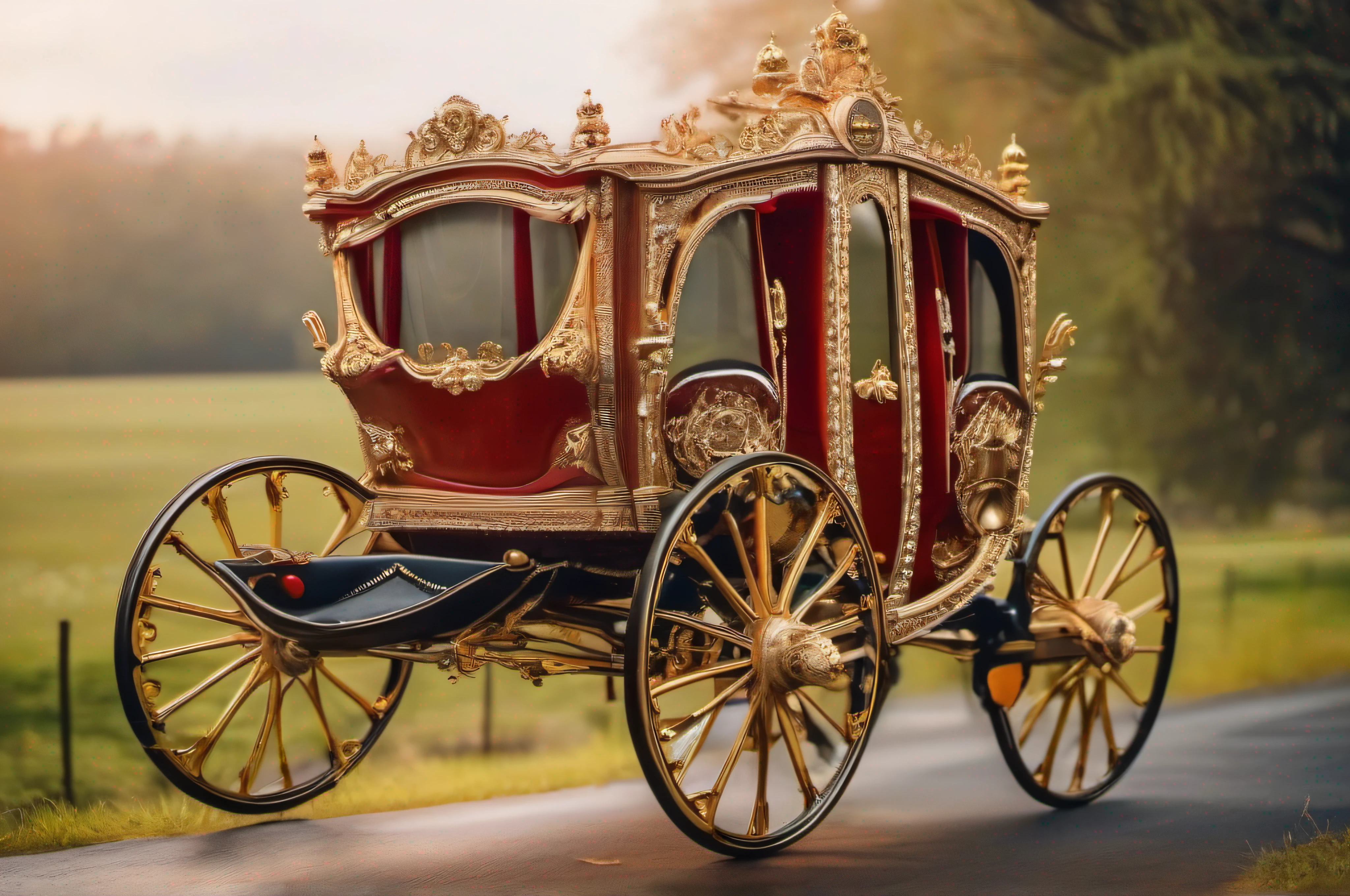 (close-up shot) of a (stunning) princess carriage on a (majestic) road.