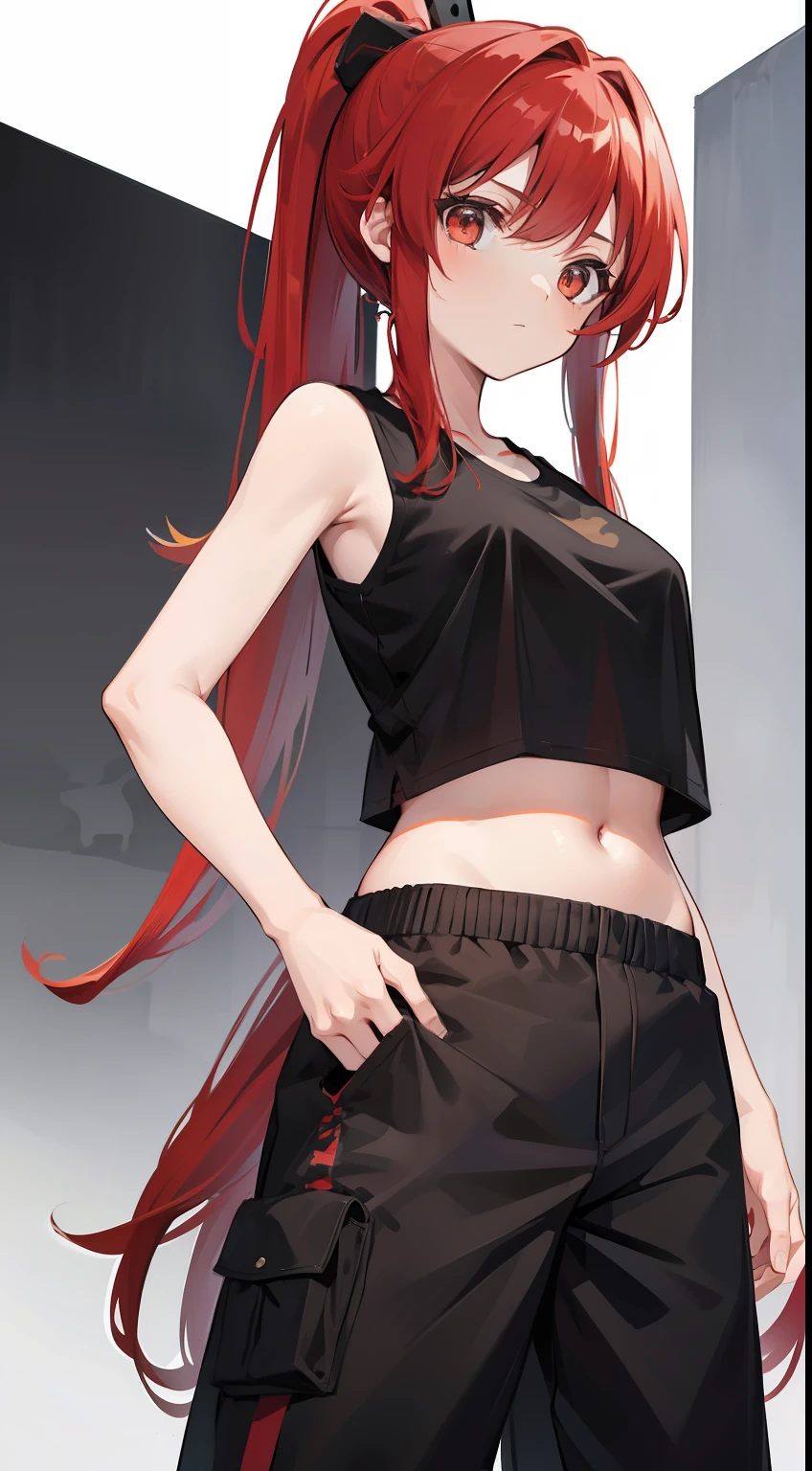 young girl, Long red hair, high ponytail, brown eye, Black sleeveless t-shirt, open belly, camouflage military pants, Katanas, Masterpiece, hiquality