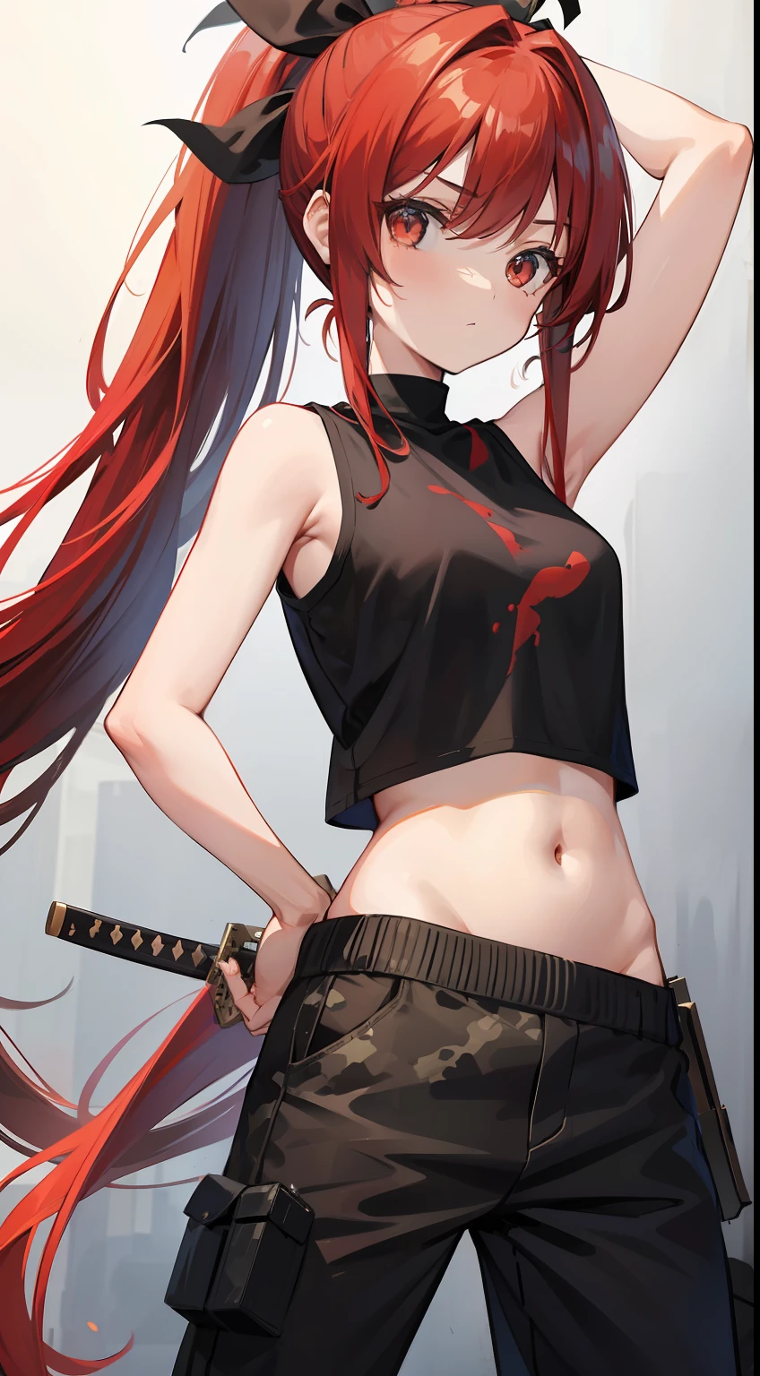 young girl, Long red hair, high ponytail, brown eye, Black sleeveless t-shirt, open belly, camouflage military pants, Katanas, Masterpiece, hiquality