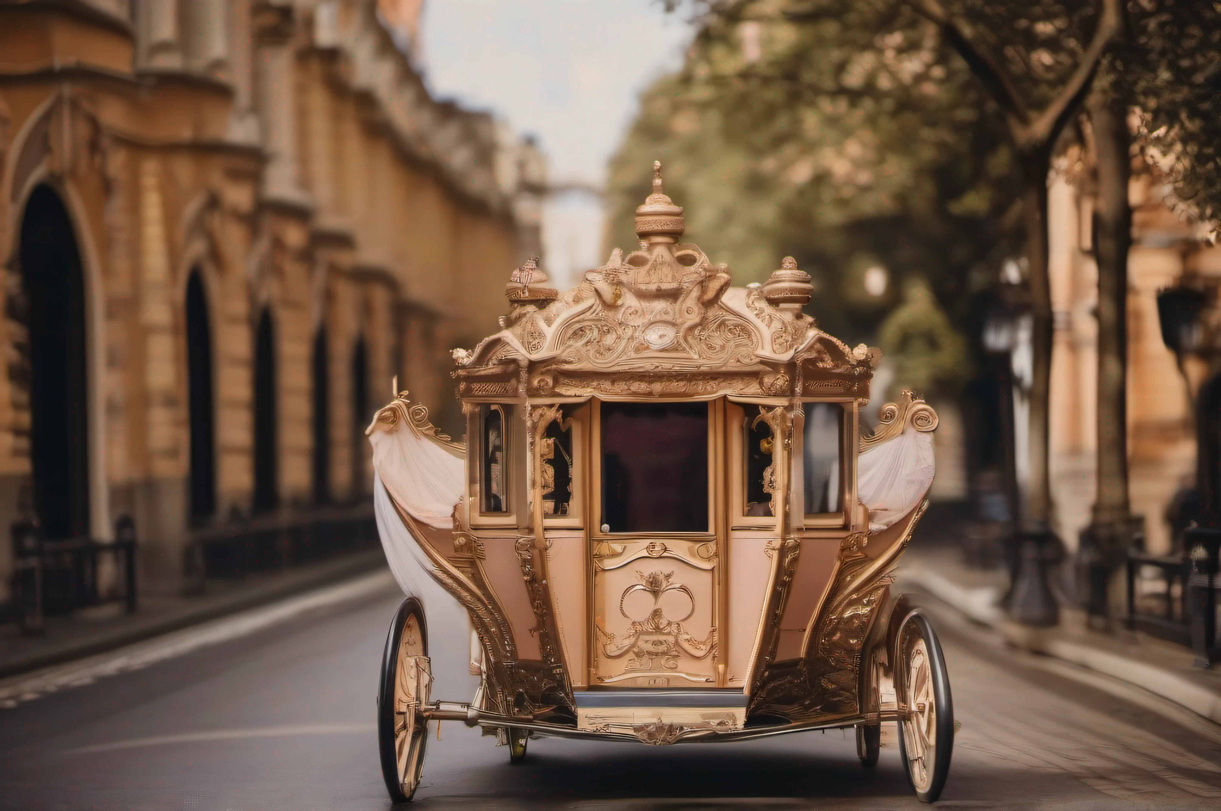 (close-up shot) of a (stunning) princess carriage on a (majestic) road.