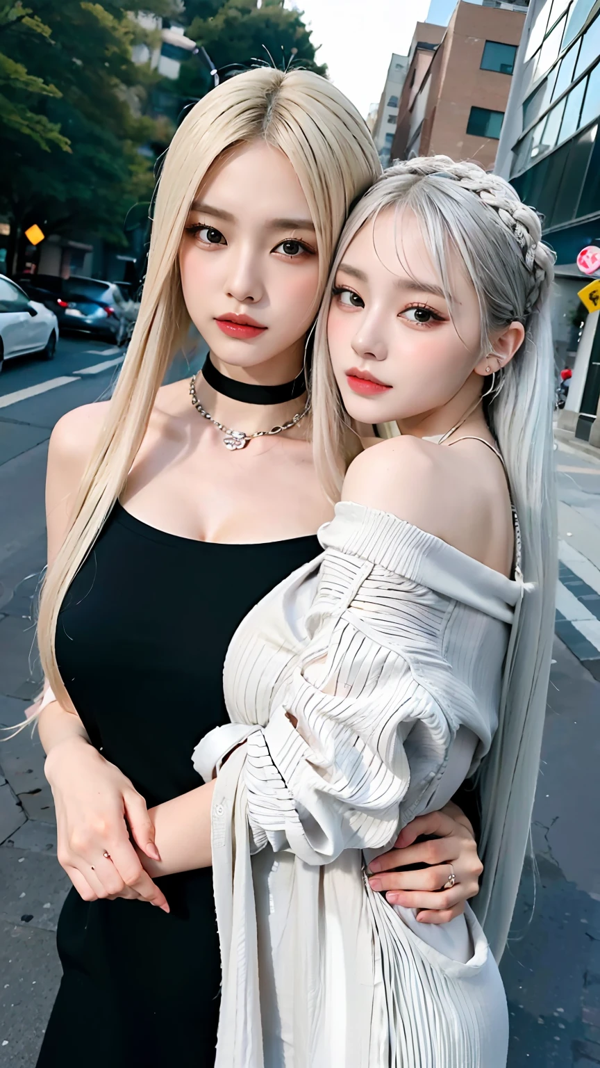 (8K)、(Top image quality:1.5)、masterpiece、Delicat eyes、delicated face、Colossal tits:1.2、、alluring face、platinum hair、Hands behind your back、Cute clothes、gals、In the street、Good friend duo、embracing each other