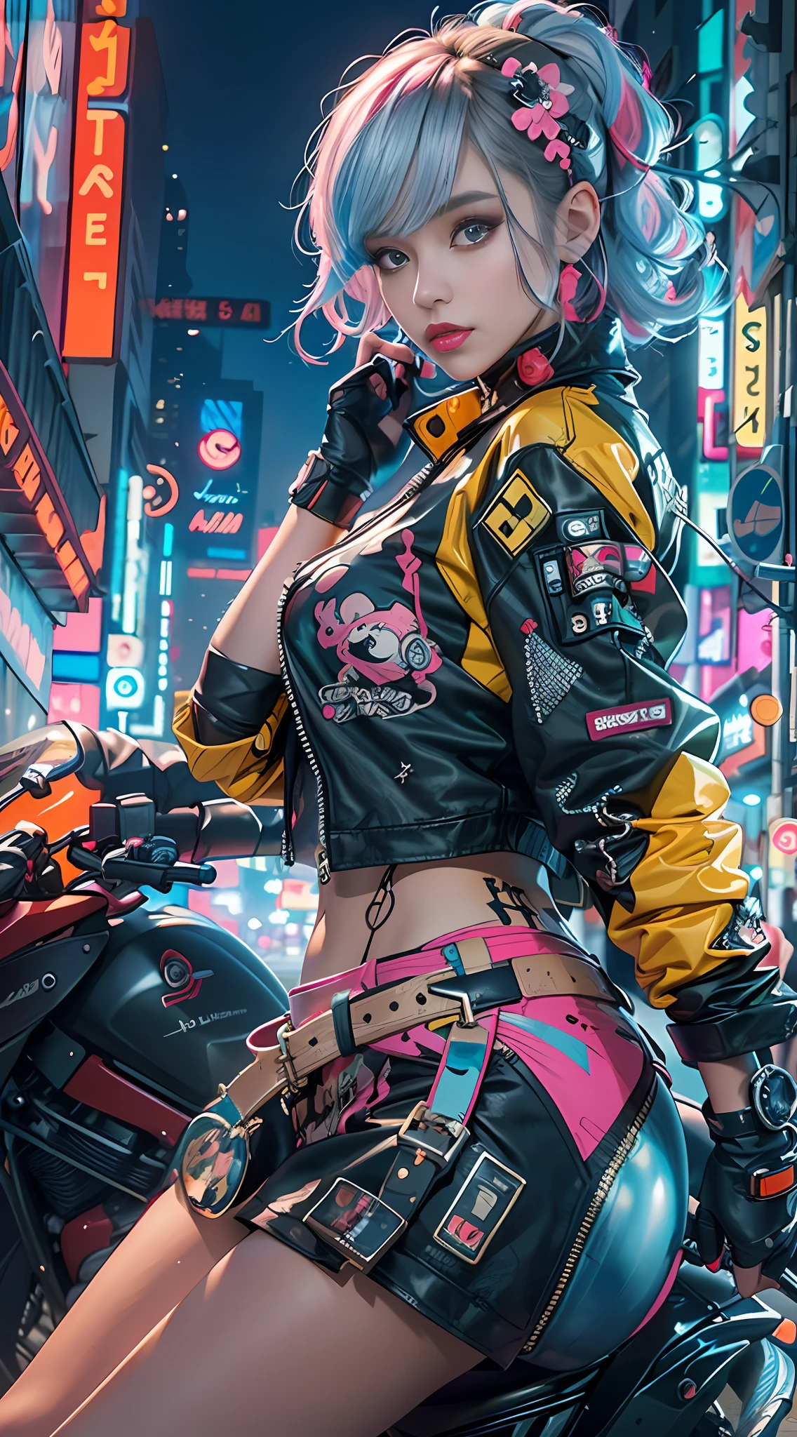 masterpiece, best quality, Confident cyberpunk girl, full body shot, ((standing in front of motorcycle)), Harajuku-inspired pop outfit, bold colors and patterns, eye-catching accessories, trendy and innovative hairstyle, vibrant makeup, Cyberpunk dazzling cityscape, skyscrapers, neon signs, LED lights, bright and vivid color scheme, anime, illustration, detailed skin texture, detailed cloth texture, beautiful detailed face, intricate details, ultra detailed.