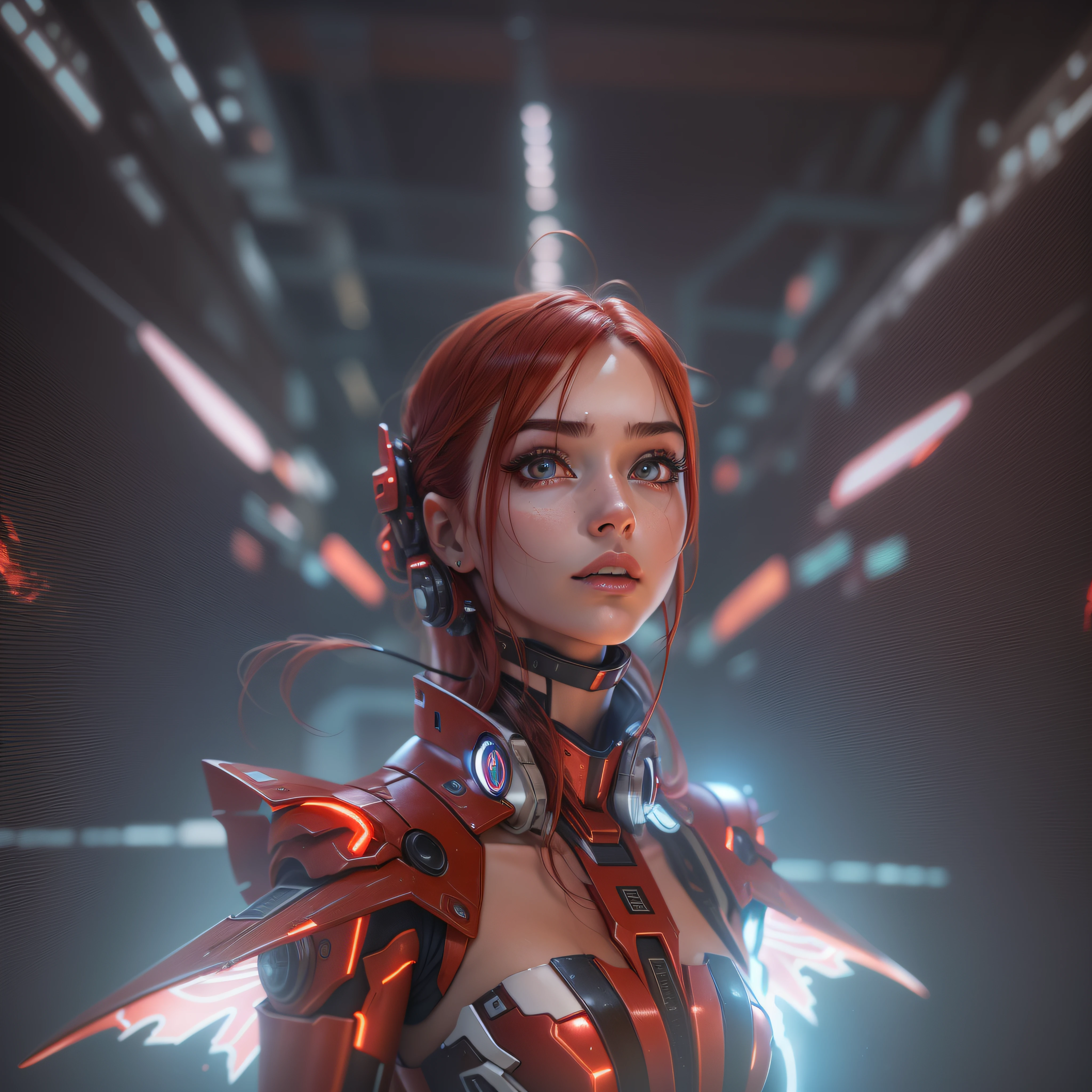(8k, RAW photo, best quality, masterpiece:1.2), (realistic, photo-realistic:1.37), ultra high res, ultra-detailed ,full body, ((full-body shot)), woman, beautiful detailed eyes, beautiful detailed lips, professional lighting, photon mapping, radiosity, physically-based rendering, detailed symmetrical lips, extremely detailed eyes and face, symmetrical mouth, extremely detailed face, symmetrical eyes ,detailed eyebrows, extremely detailed eyes, beautiful detailed eyes, extremely detailed face , light on face, (full body), looking at viewer, ((red hair)), ((long hair)), ((fairy)), ((red mecha suit)), ((red neon mechanical fire wings)), ((cyberpunk)), ((legs)), ((energy core at centre of body)), ((fire sword)), _stardeaf-cold-arc_ ((octane render))