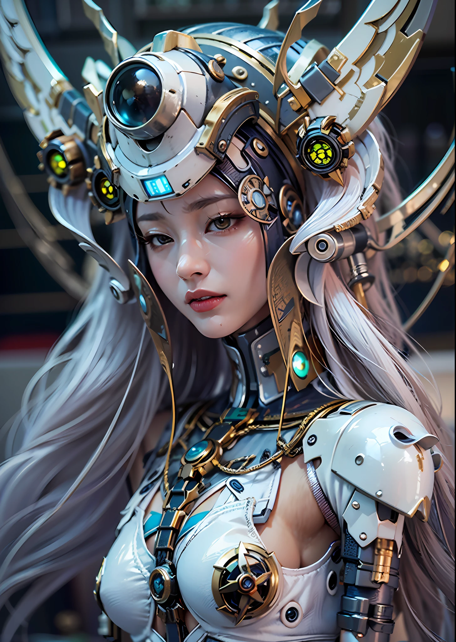 top-quality、​masterpiece、超A high resolution、(Photorealsitic:1.4)、Raw photo、Steampunk Battle Cyborg Angel、large wings made of metal、White porcelain body、Acrylic Clear Cover、white  hair、glowy skin、1 Cyborg Girl、((super realistic details))、portlate、globalillumination、Shadow、octan render、8K、ultrasharp、character edge light,Colossal tits、Raw skin is exposed in cleavage、Details of complex ornaments、Sumerian details、Hydraulic cylinder、Small LED lamp、highly intricate detail、Realistic light、a purple eye、radiant eyes、Facing the camera、neon details、cowboy  shot、Futuristic headgear、About Cyberpunk、、