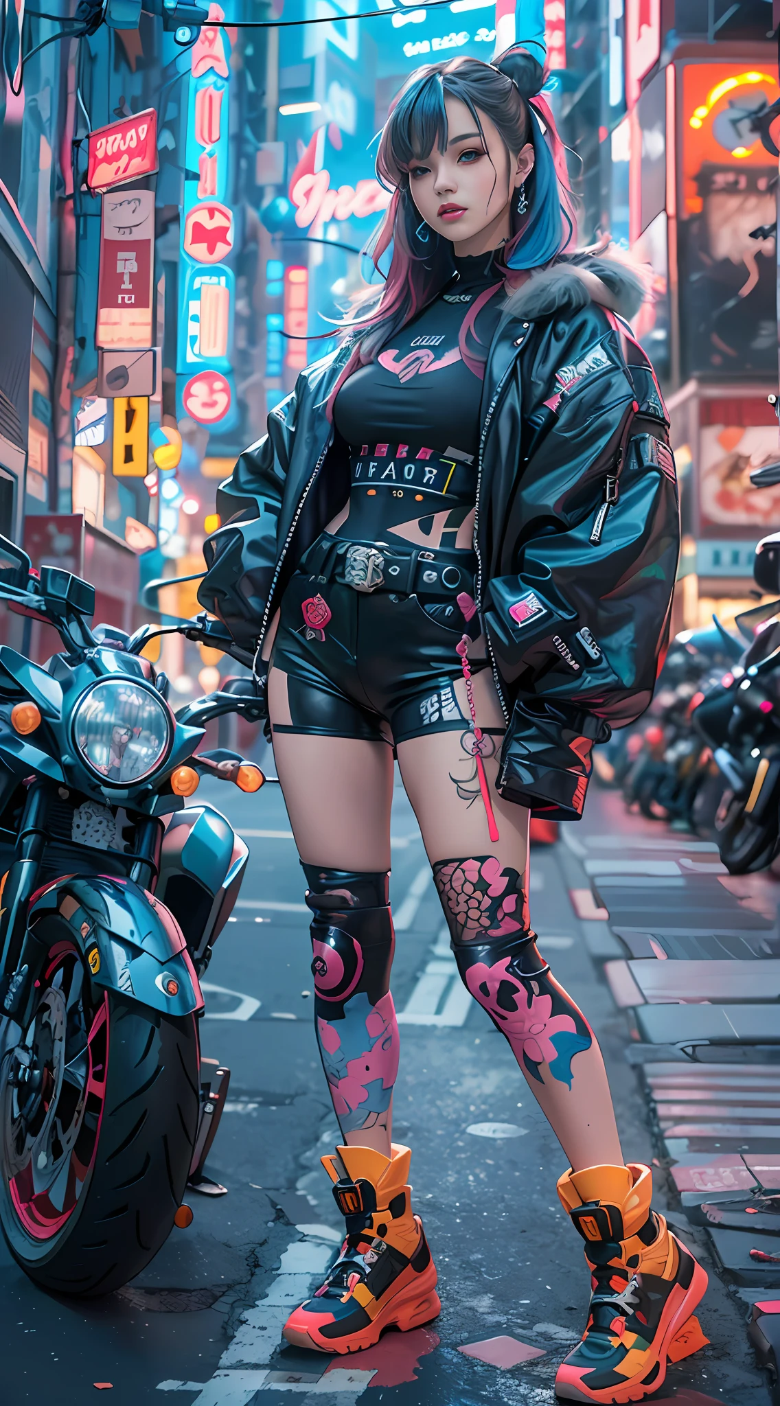 masterpiece, best quality, Confident cyberpunk girl, full body shot, ((standing in front of motorcycle)), Harajuku-inspired pop outfit, bold colors and patterns, eye-catching accessories, trendy and innovative hairstyle, vibrant makeup, Cyberpunk dazzling cityscape, skyscrapers, neon signs, LED lights, bright and vivid color scheme, anime, illustration, detailed skin texture, detailed cloth texture, beautiful detailed face, intricate details, ultra detailed.