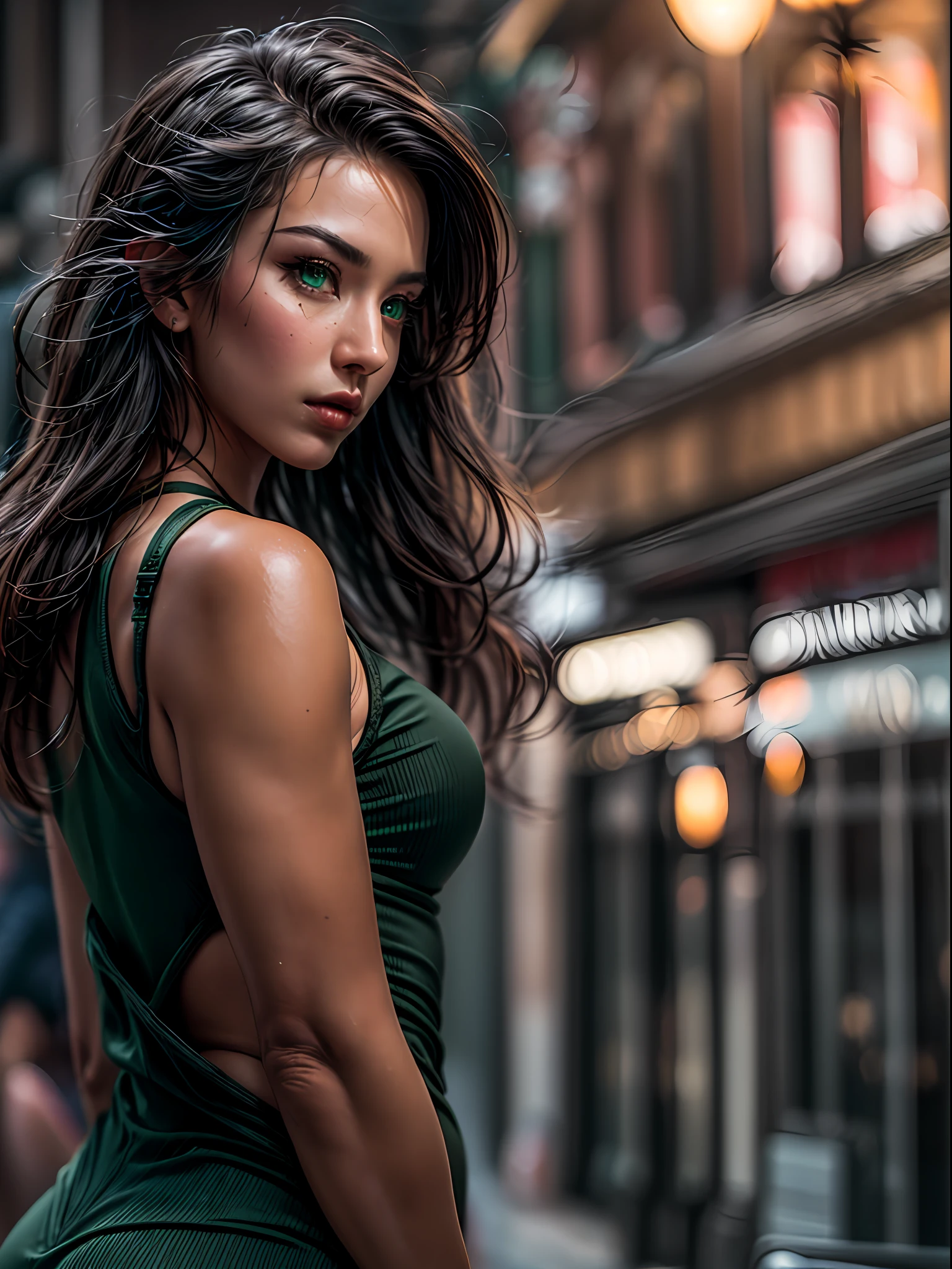 (best quality, photo-realistic, masterpiece:1.4), a captivating photo of a caucasian woman with (bronzed skin:1.3), her (long black hair:1.3) cascading down her back, (vivid green eyes:1.4) emanating a strong glow, her (flawless makeup:1.2) enhancing her features. She's dressed in a (tight-fitting short black dress:1.3) that accentuates her (defined and shapely body:1.3), her (thick legs:1.3) and (firm glutes:1.4) adding to her allure. The photo captures her from behind as she gently turns toward the camera, standing on a quiet street during the day, perfectly framed in a full-body shot, exuding confidence and charm, Cinematic, Hyper-detailed, insane details, beautifully color graded, Super-Resolution, Megapixel, Cinematic Lightning, Post Processing, Post Production, Tone Mapping Insanely detailed and intricate, Hyper maximalist, Volumetric, Photorealistic, ultra photoreal, ultra-detailed, intricate details, 8K, Super detailed, Full color, Volumetric lightning, HDR, Sharp focus, Camera Model: Nikon Z6 II, Lens: NIKKOR Z 24-70mm f/2.8 S