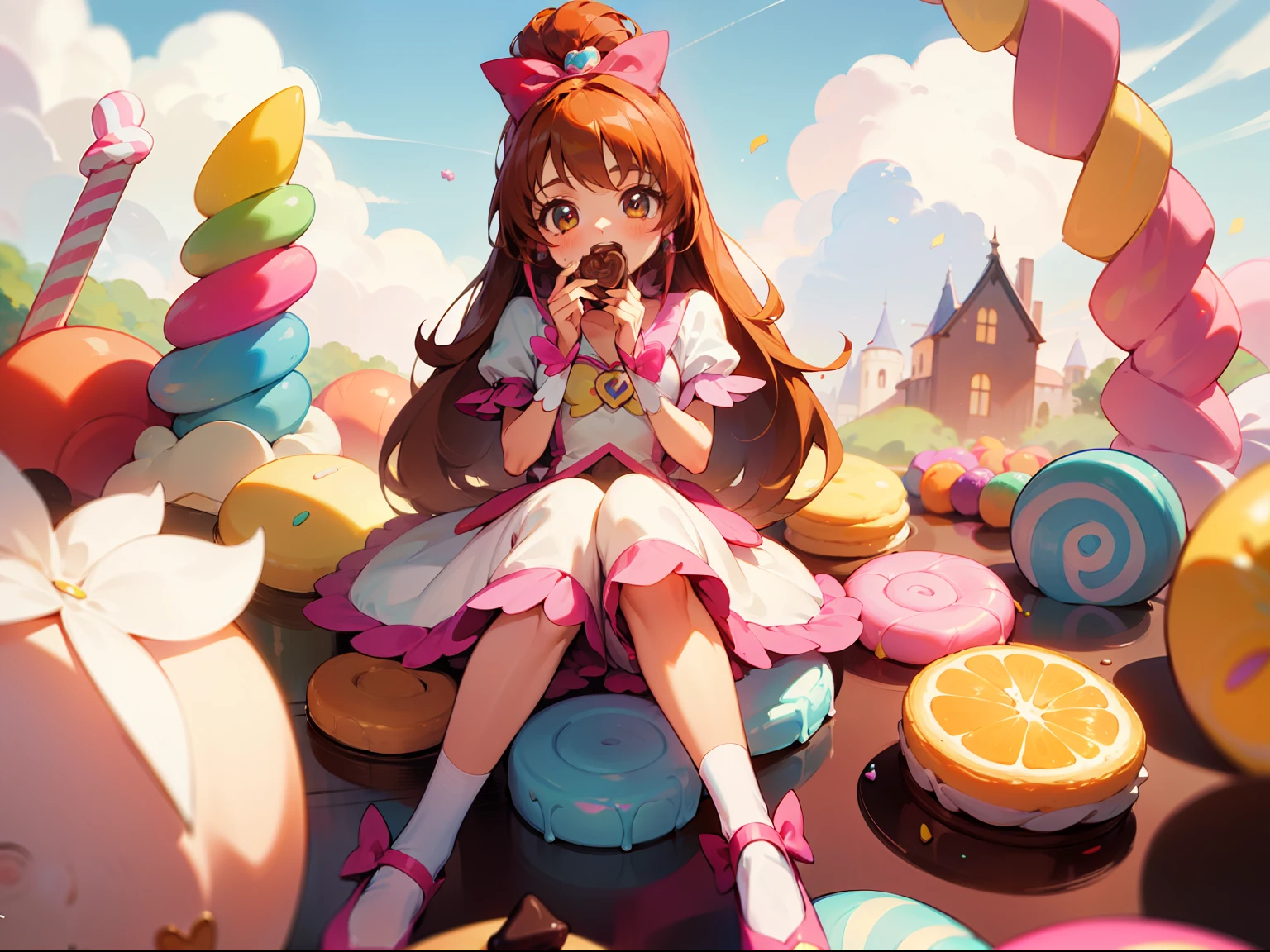 Best quality, 4k, a girl with double tooth, a cute clothes, cloud, simple design of candy land, eats candy, in candy land, cakes, candy, biscuits, chocolates, xotton candy, pastel colors, precure, pretty cure costume, pink, orange, yellow, brown, scattered by sweets, house made by chocolates,