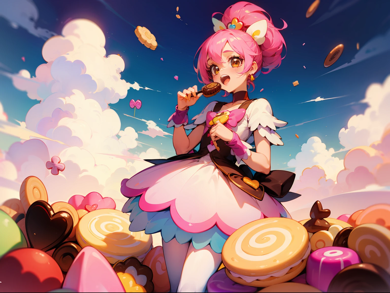 Best quality, 4k, a girl with double tooth, a cute clothes, cloud, simple design of candy land, eats candy, in candy land, cakes, candy, biscuits, chocolates, xotton candy, pastel colors, precure, pretty cure costume, pink, orange, yellow, brown, scattered by sweets, house made by chocolates,
