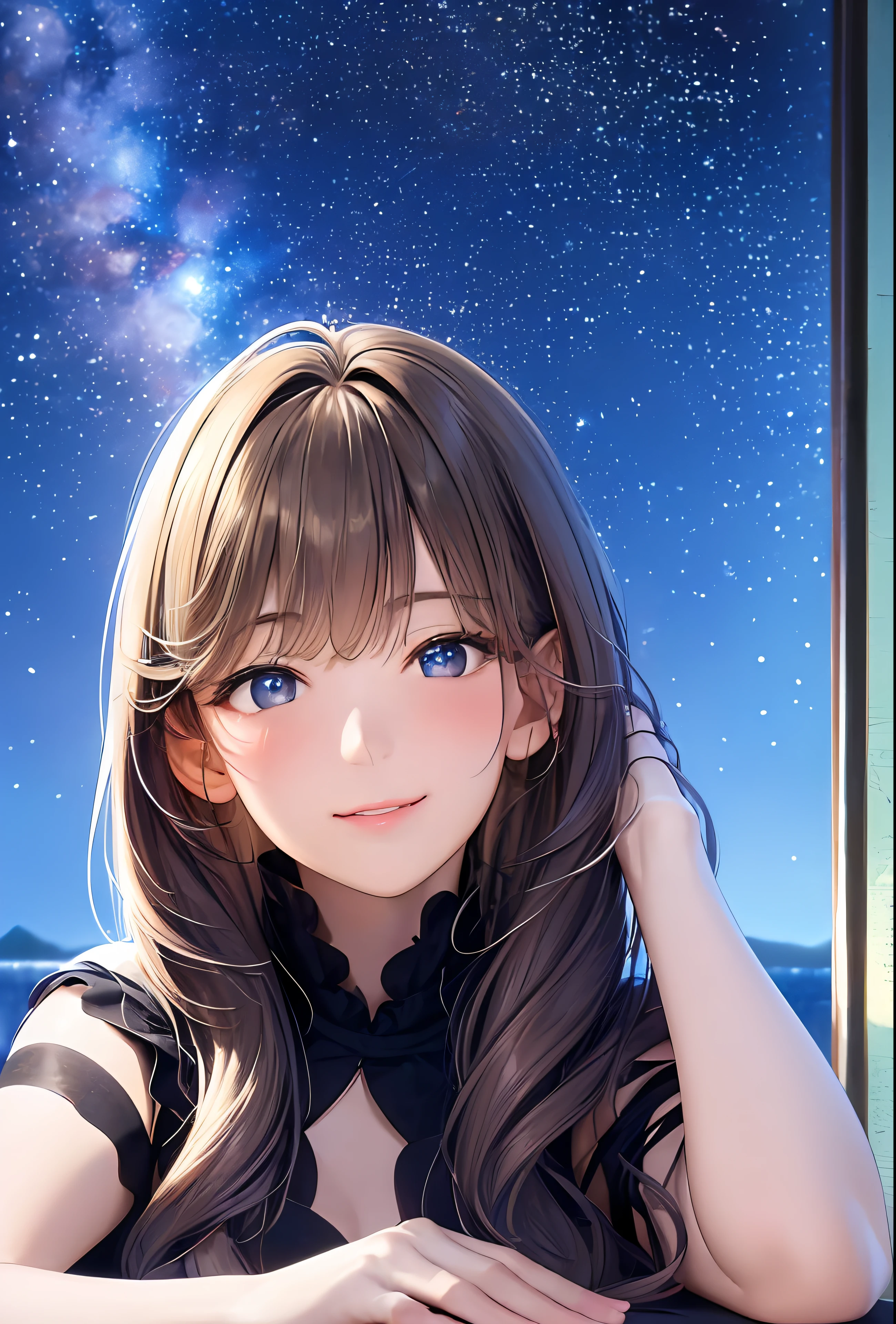 (8k, top quality, masterpiece: 1.2), (realistic, photorealistic: 1.37), super detailed, girl single, cute, solo, midnight, beautiful detailed sky, detailed café, sitting, date, (blush), (smile: 1.15), small breasts (mouth closed), beautiful fine eyes, floating hair NovaFrogStyle, back open dress
