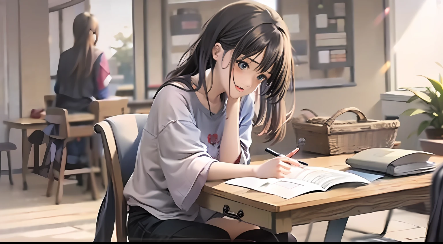 masterwork, HighestQuali, A high resolution, A 1 girl, Loose T-shirt、 Girl sitting on chair studying drafting at desk, Study seriously, Good luck studying、Drawn、Beautuful Women、A pretty、18yr old