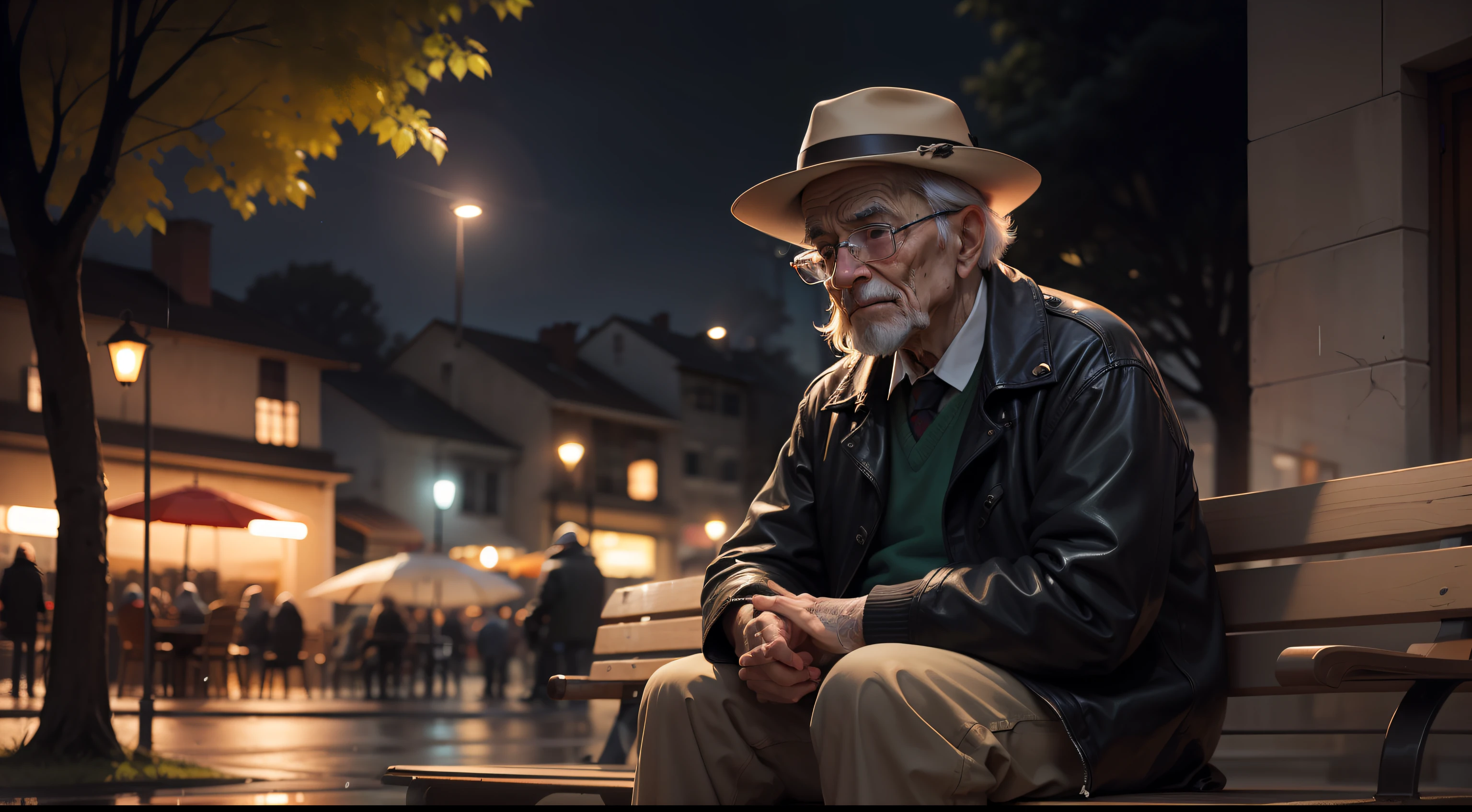 Em uma noite chuvosa de outono, An elderly man is sitting on a square bench. As gotas de chuva escorrem pelo seu rosto e ele olha para o vazio, with an expression of melancholy. The tree behind him, com folhas douradas caindo, it seems to reflect the longing for the memories he carries. painting oil on canvas, --ar 16:9 --v 5.