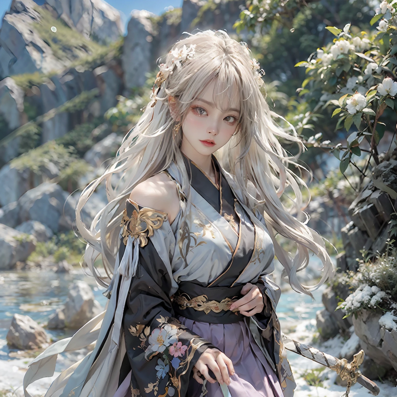 8K， super detailing， a pregirl，（Fighting posture:1.5），独奏， （A long sword in his hand），Hanfu，short  skirt， super detailing，  tmasterpiece，On the outside，Snowy mountain background，Winters，snowflower，Full body like，（big breasts exposed cleavage，Shoulders exposed，鎖骨），Golden ratio figure，scowling， beauitful face，rape face， White hair， messy  hair， From the side Side，Eyes full of details，Optimal proportions of four fingers and one thumb，