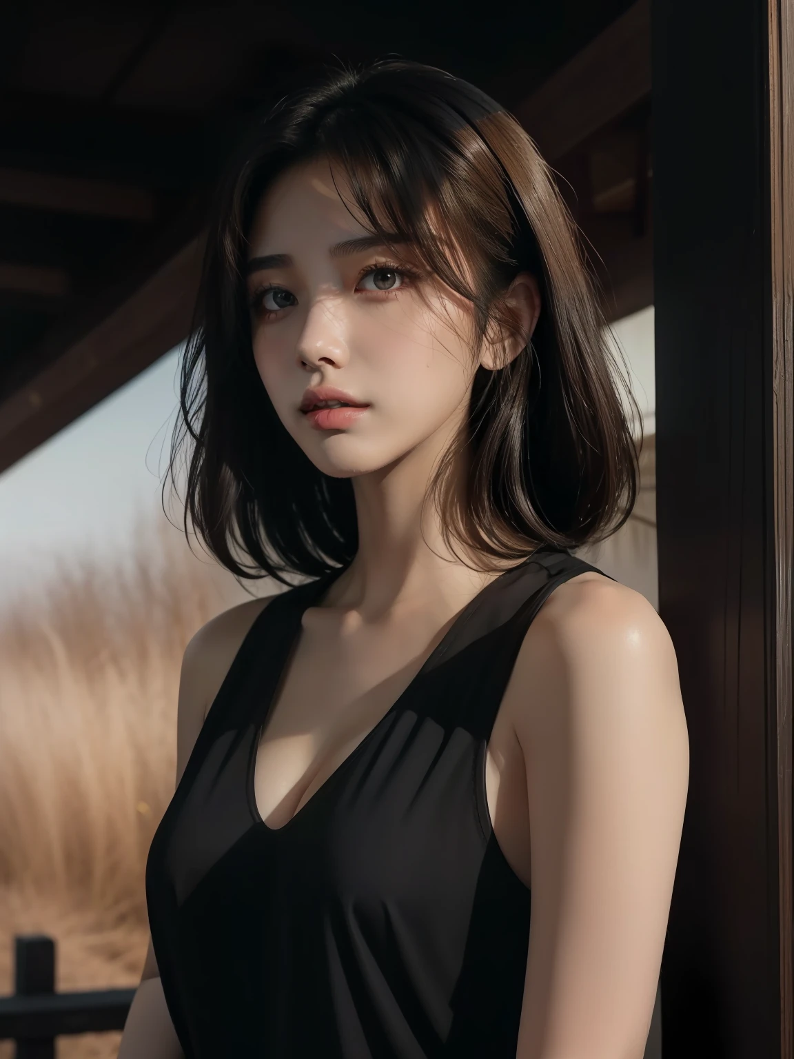 best qualtiy, tmasterpiece, 超高分辨率, (realisticlying:1.5), RAW photogr, 1girll, bshoulders, in the darkness nigth, deep shading, low tune, cold light, Sexy look, brunette color hair,tall nose bridge