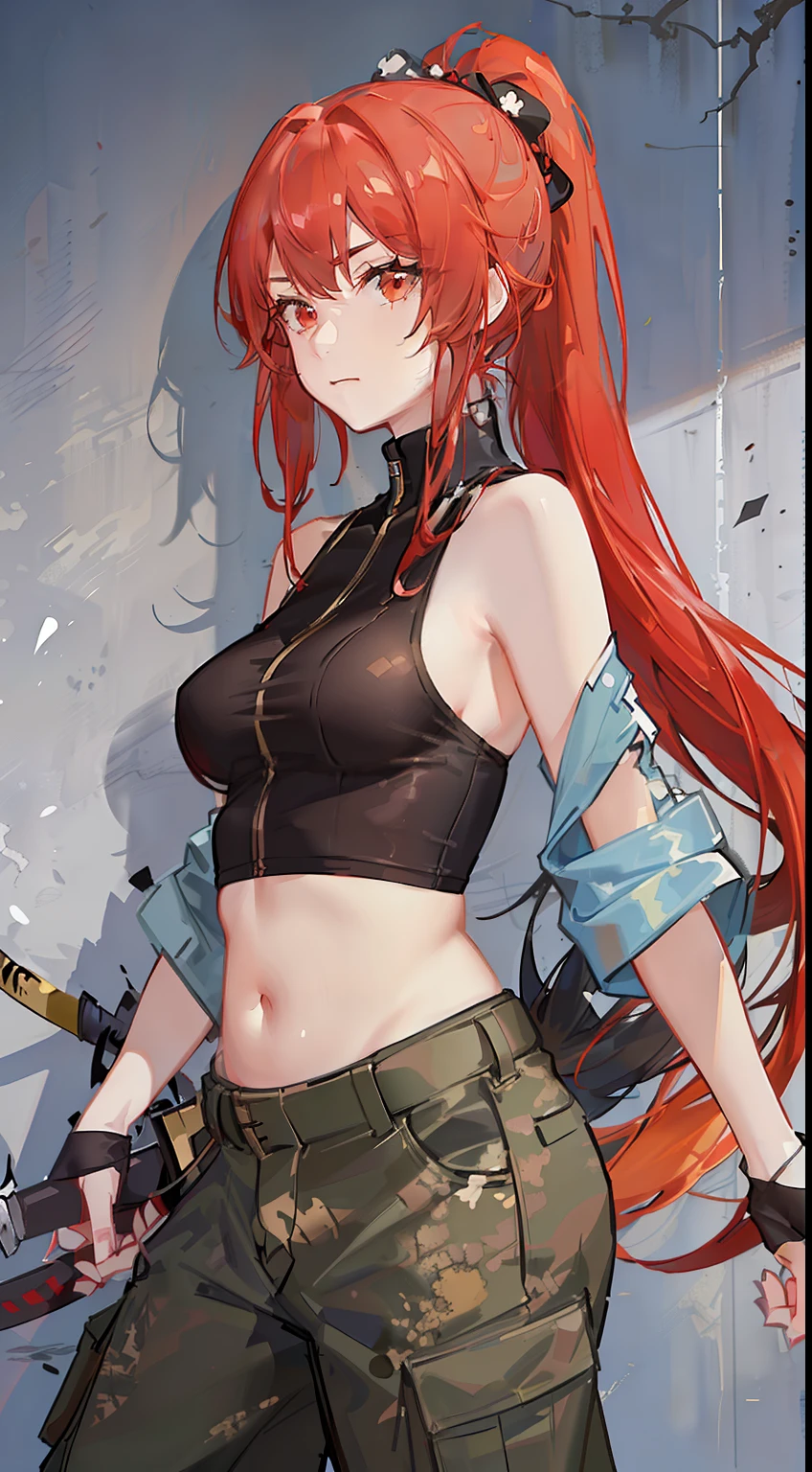 young girl, Long red hair, high ponytail, brown eye, Black sleeveless t-shirt, open belly, camouflage military pants, Katanas, Masterpiece, hiquality