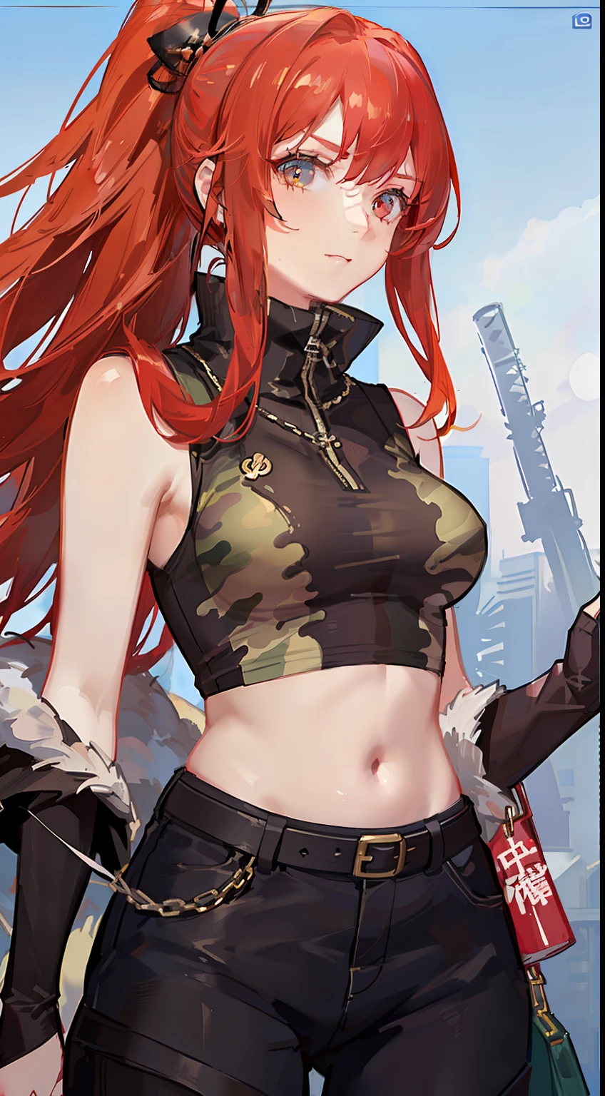 young girl, Long red hair, high ponytail, brown eye, Black sleeveless t-shirt, open belly, camouflage military pants, Katanas, Masterpiece, hiquality