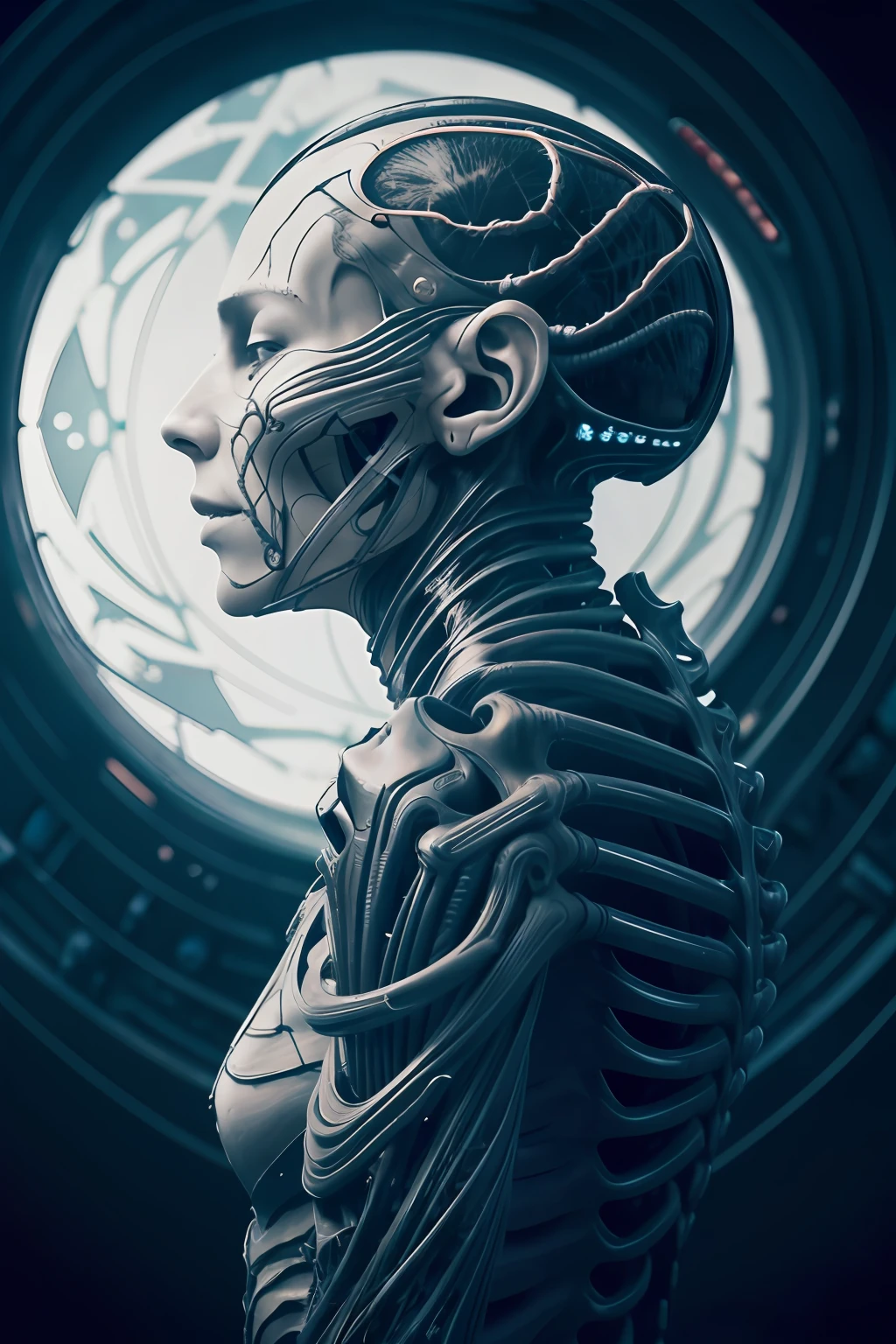 jane_noexist, (skulls :0.3) ,(blood vessels connected to tubes),(biomechanical vertebra attaching to chest),((biomechanical cervial attaching to neck))
((masterpiece),(best quality),(ultra-detailed),
fantasy, sci-fi, horror, ((side view)), alien
realistic, hnsrdlf style intricate biomechanical detail
masterpiece, award-winning photo, analog style, dark room, dim light