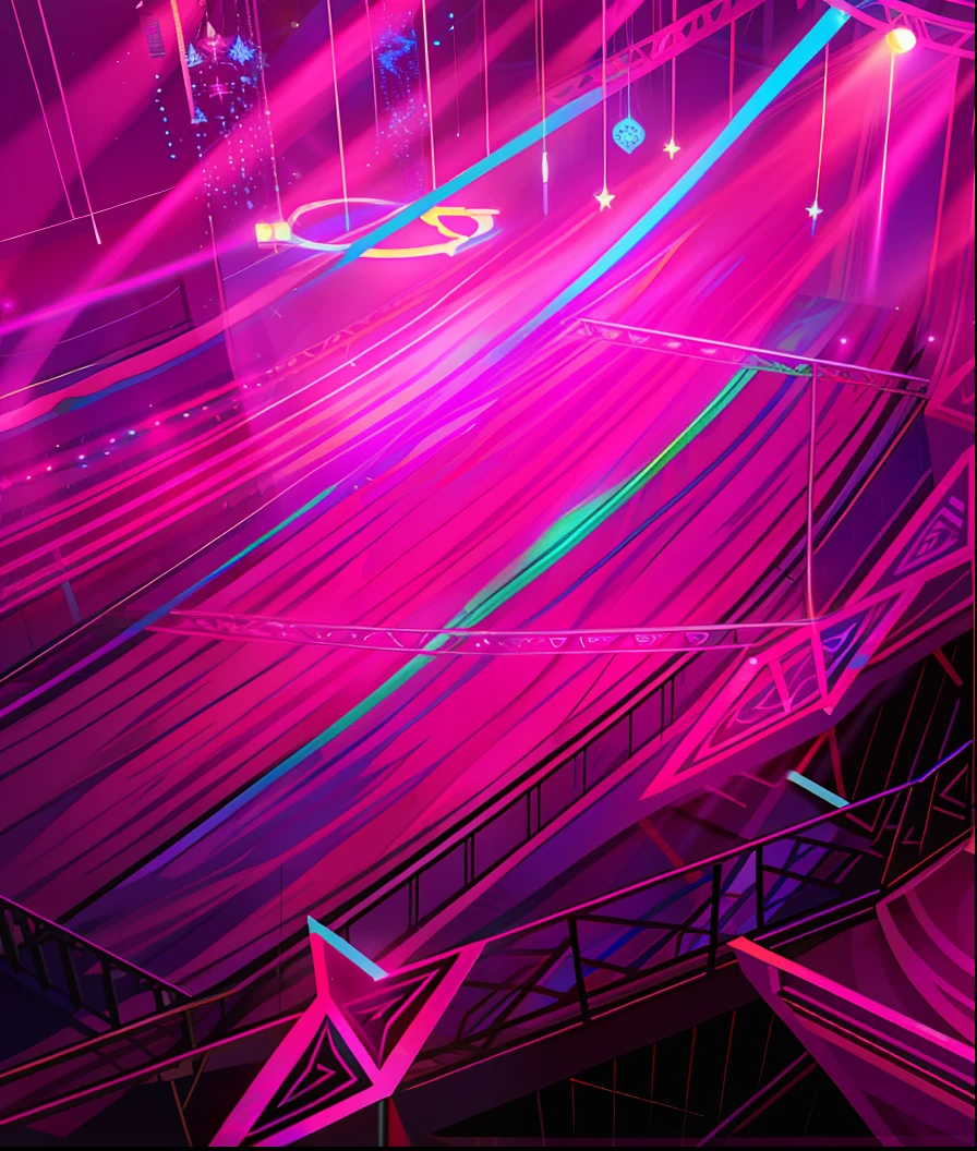 Pink and blue background,circular design, magenta lighting. fantasy, glossy digital painting, Consists of multiple pink and cyan rings,Nightclub lighting,There are four-pointed stars and decorations in the lower right corner